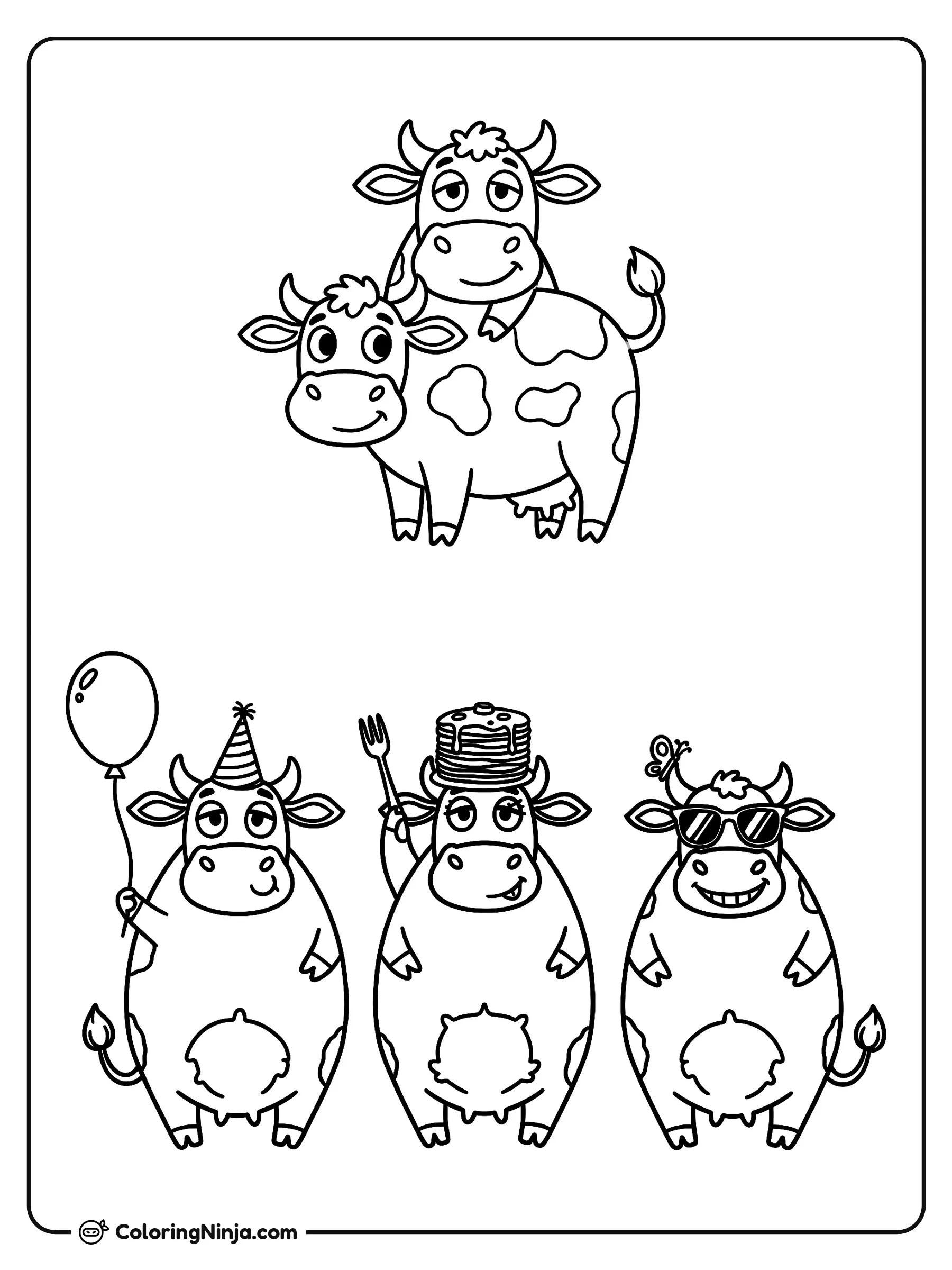Grupo de vacas divertidas y simpáticas, dibujo para colorear: Cinco vacas muy graciosas muestran sus divertidas personalidades en dos grupos.