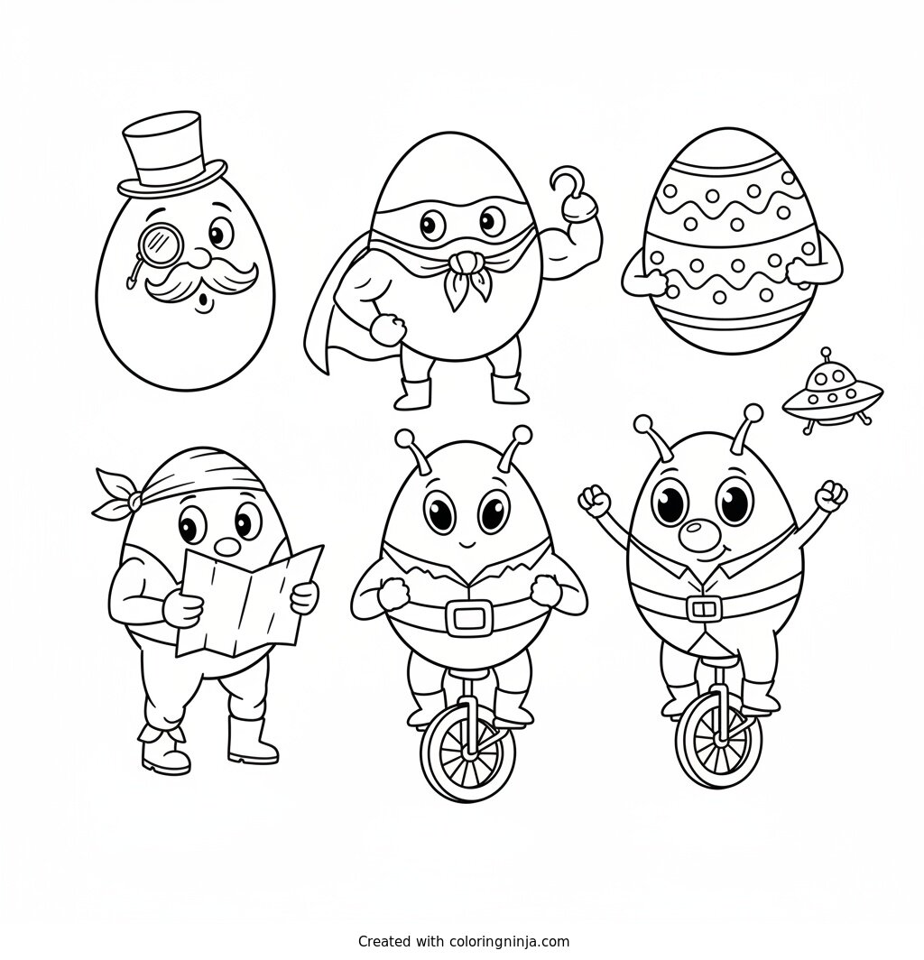 Coloring page of funny easter eggs