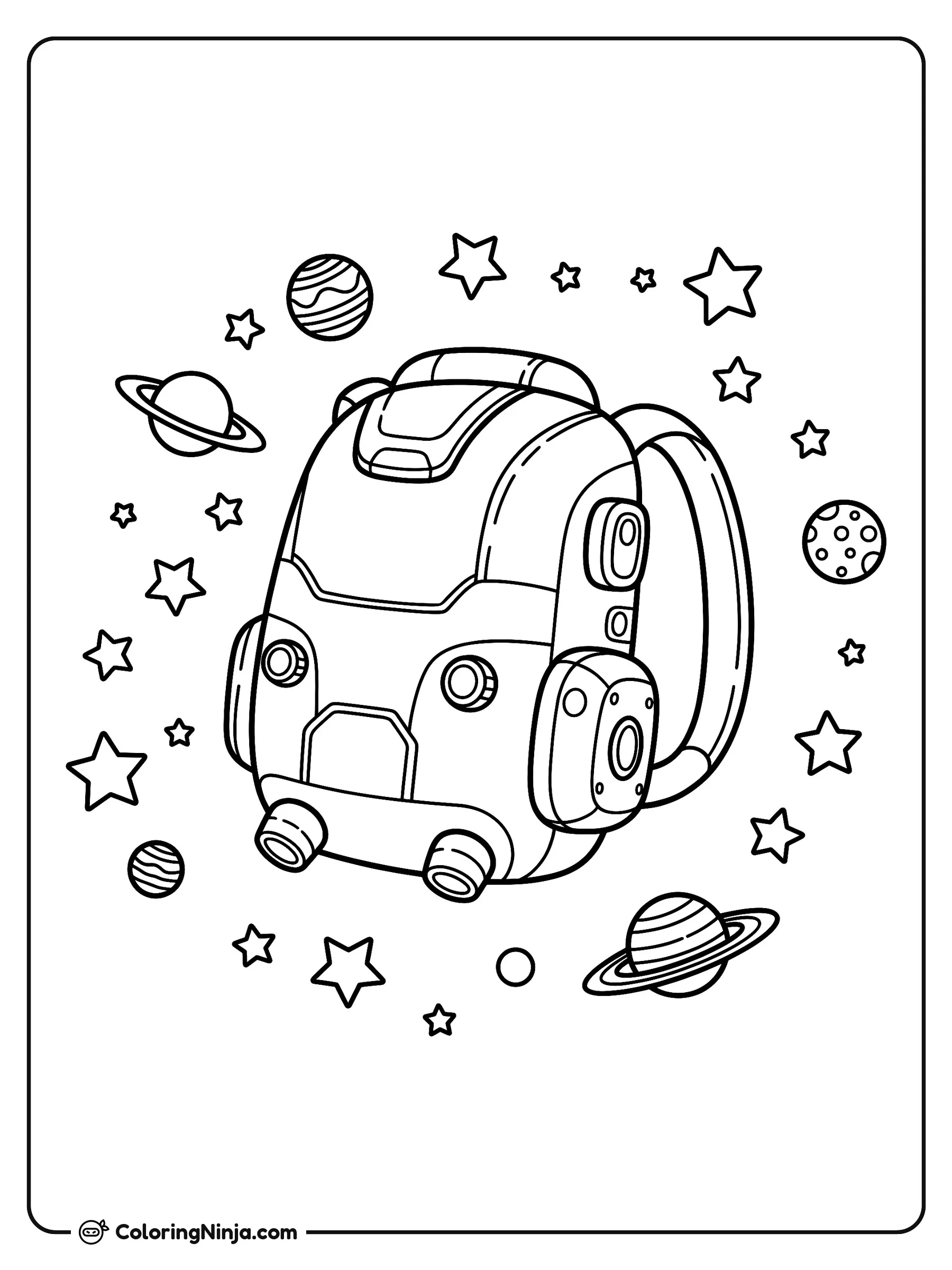 Mochila de astronauta en el espacio, dibujo para colorear: Una mochila espacial flota en el cosmos rodeada de planetas con anillos, una luna con cráteres y muchas estrellas brillantes.