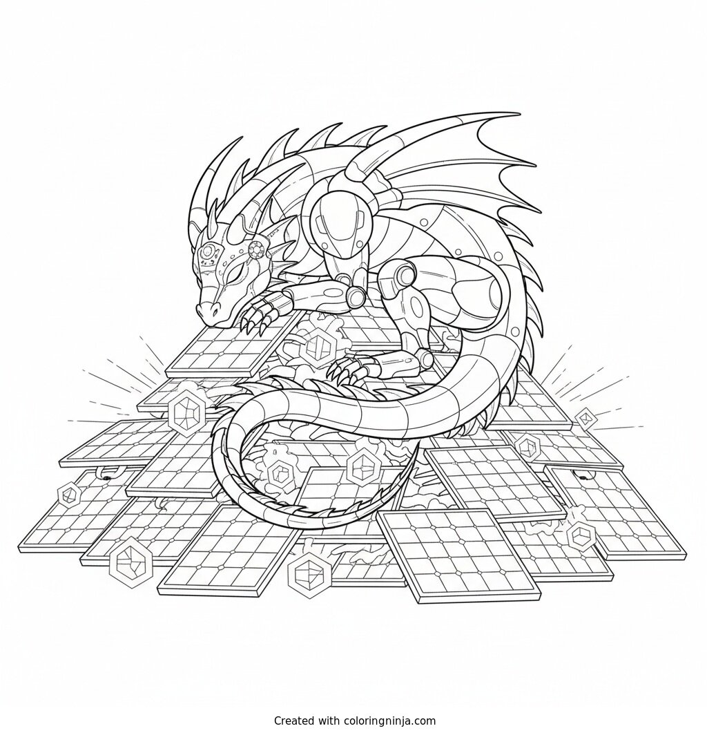 Sleeping Solar Powered Dragon Robot Coloring Page