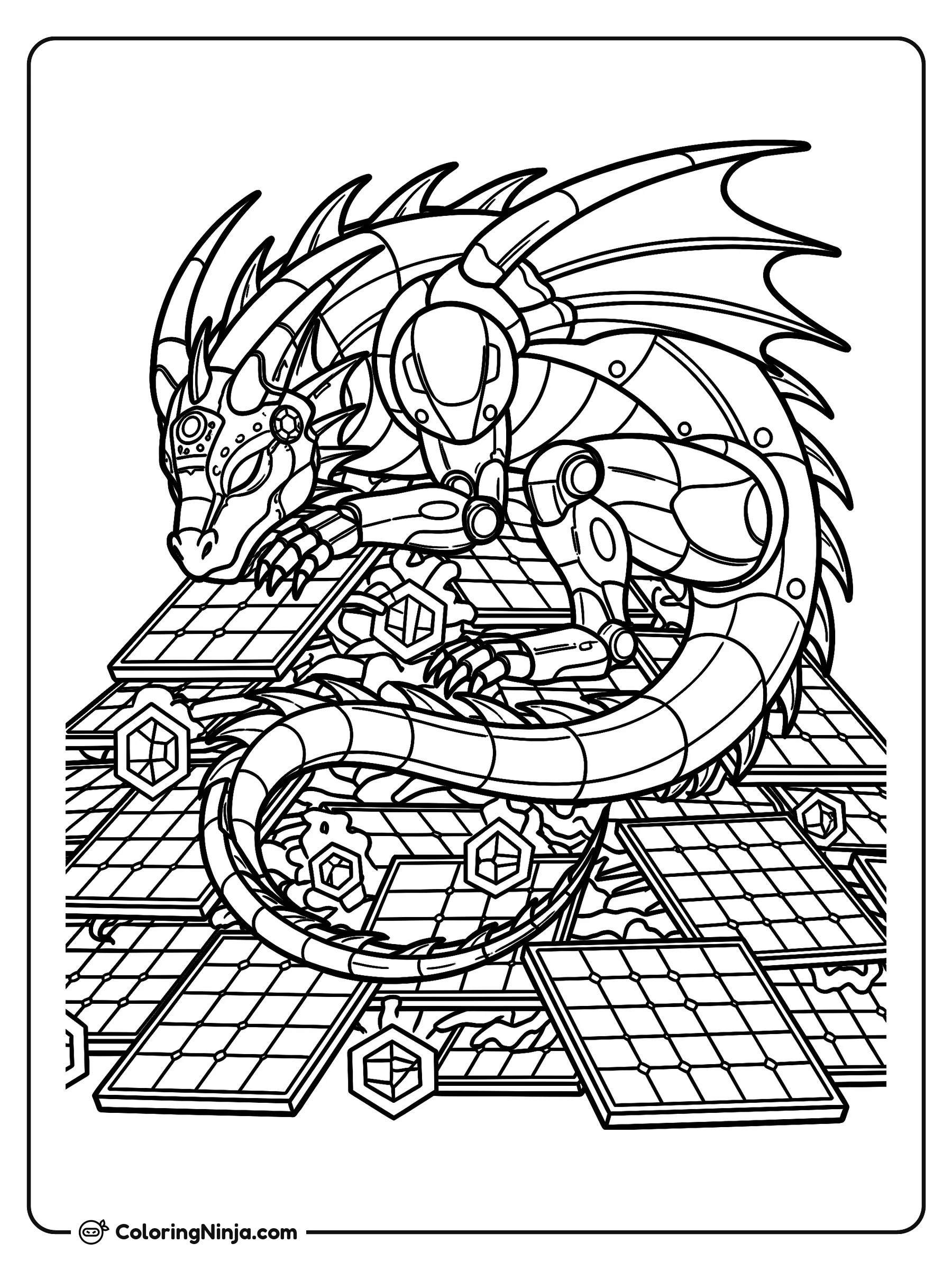 Dragón robot solar durmiendo, dibujo para colorear: Un dragón robot metálico descansa plácidamente con los ojos cerrados sobre un conjunto de paneles solares.