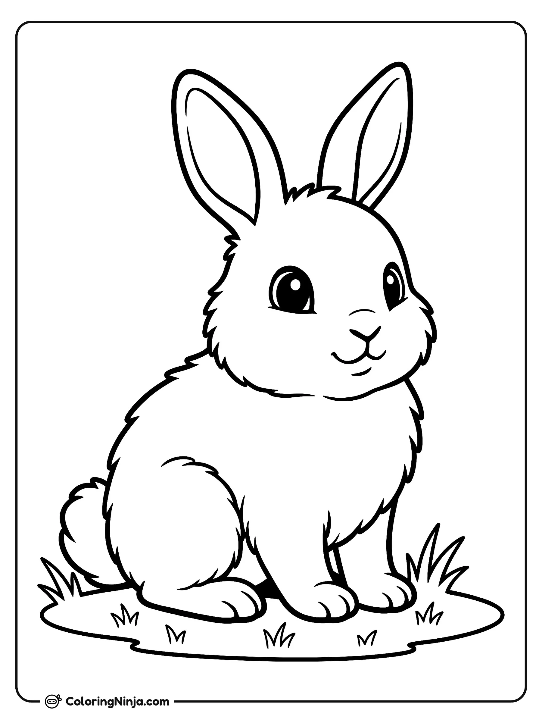Conejito peludo en el pasto, dibujo para colorear: Un dulce conejito peludo descansa con atención en un parche de pasto al aire libre. El adorable conejo destaca por sus orejas erguidas, ojos brillantes y una pequeña cola esponjosa.