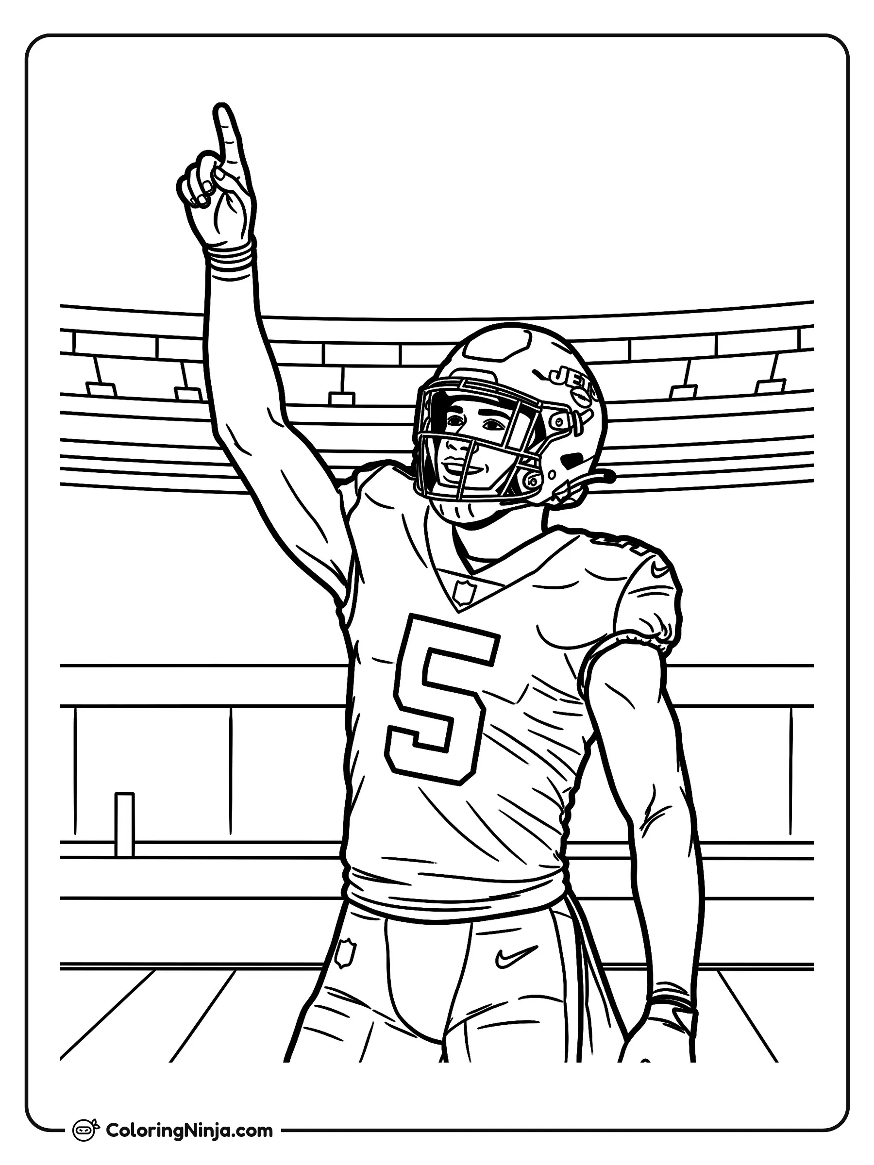 Celebración de Garrett Wilson en el Campo, dibujo para colorear: El jugador de fútbol americano Garrett Wilson viste su uniforme completo con casco y celebra en la cancha levantando un brazo mientras sonríe.