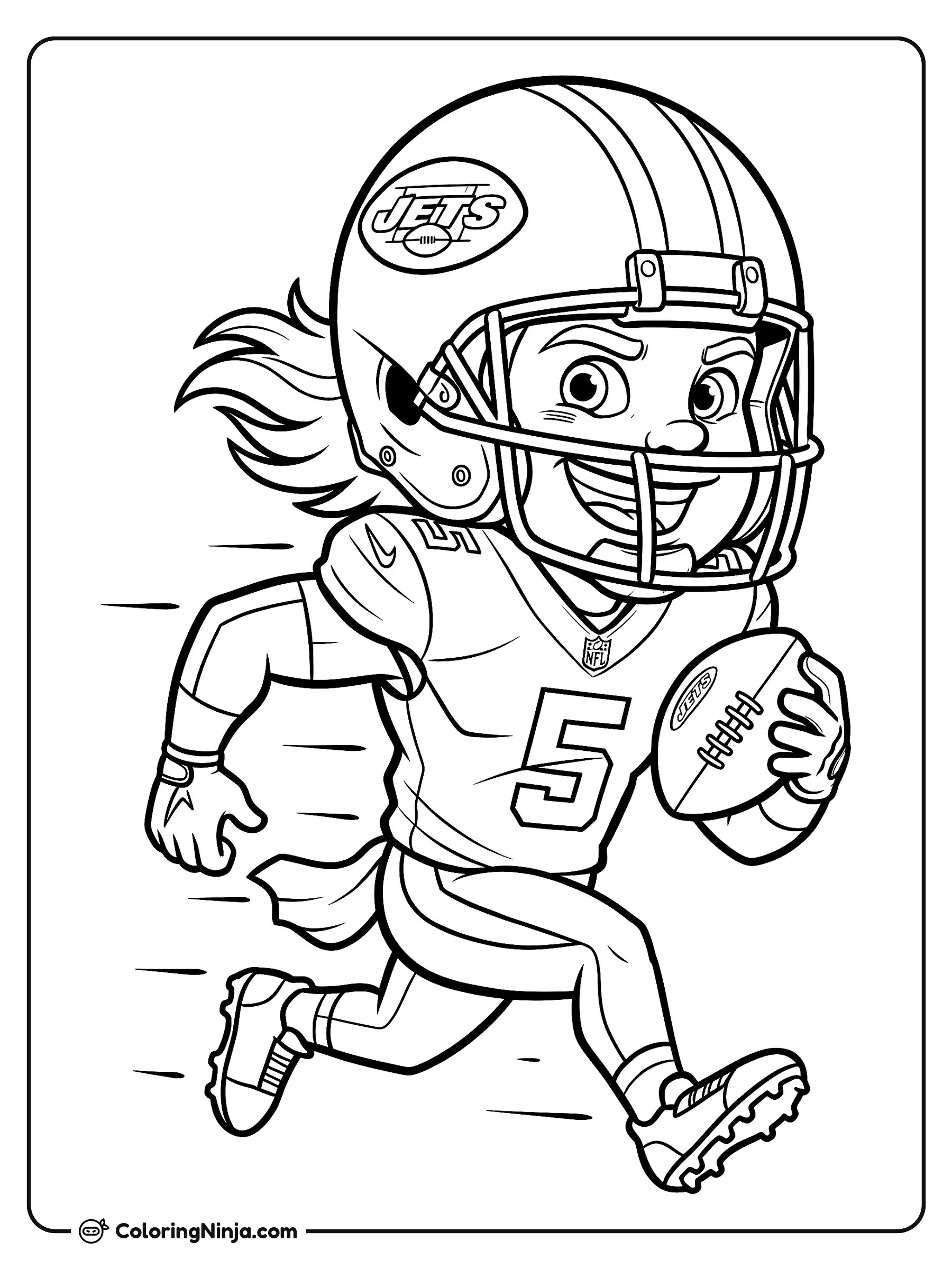 Garrett Wilson Receptor en Dibujo Animado, dibujo para colorear: Garrett Wilson corre hacia adelante por el campo mientras lleva el balón de fútbol americano bien sujeto bajo el brazo.