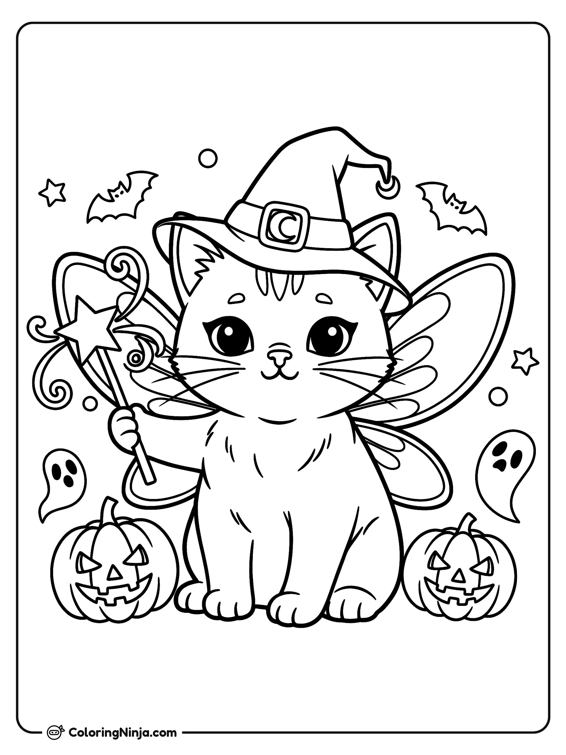 Gatita hada de Halloween, dibujo para colorear: Una tierna gatita posa alegremente con alas de hada, un sombrero de bruja y una varita mágica con punta de estrella.