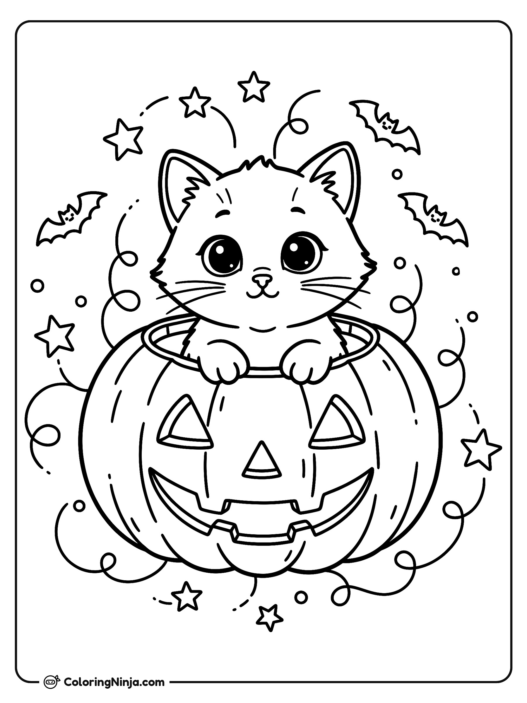 Gatito tierno dentro de una calabaza: dibujo para colorear