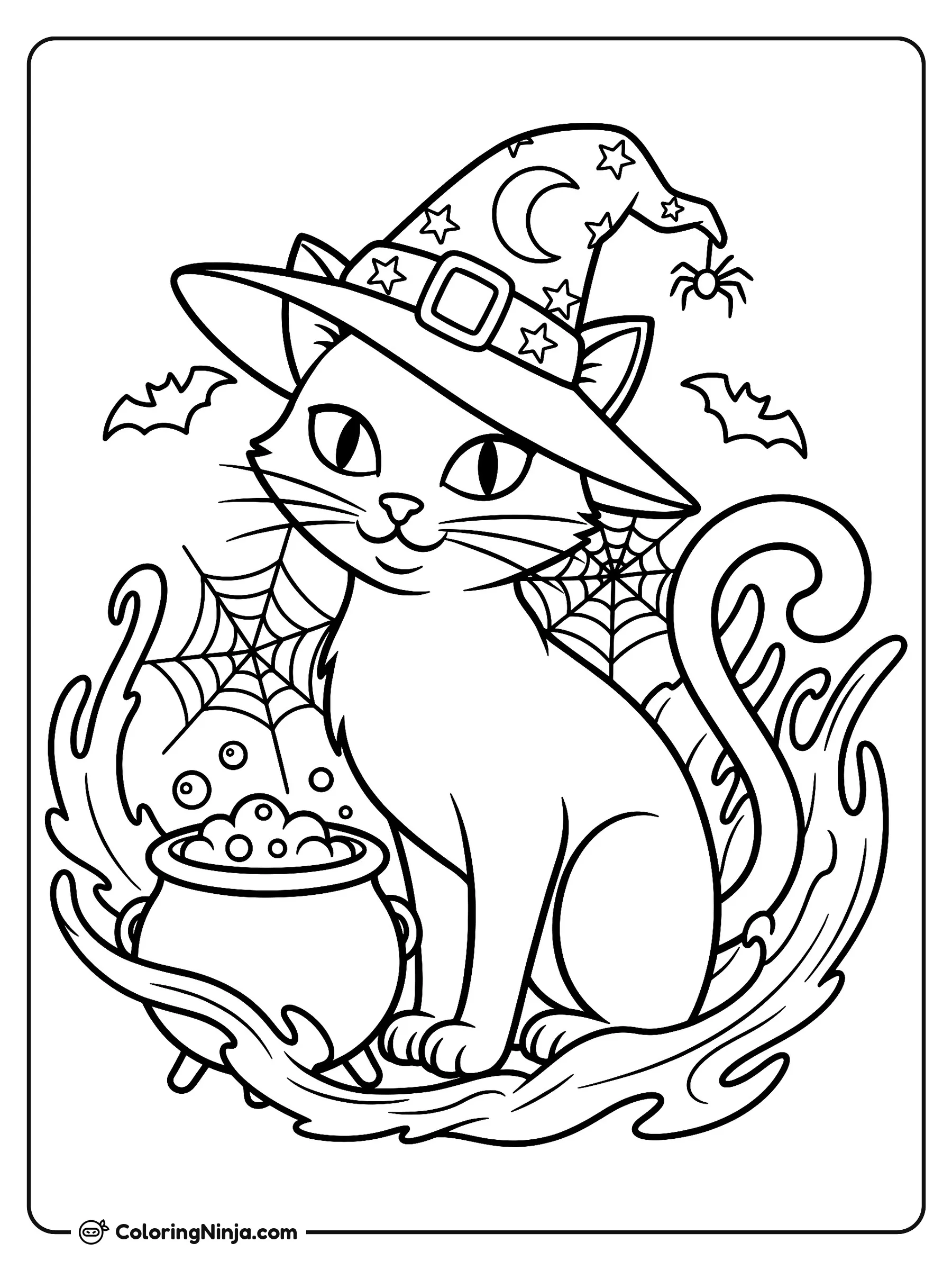 Gato de Halloween con sombrero de bruja, dibujo para colorear: Un amigable gato sentado lleva un sombrero de bruja decorado con estrellas y una luna creciente, acompañado por una pequeña araña que cuelga de la copa.