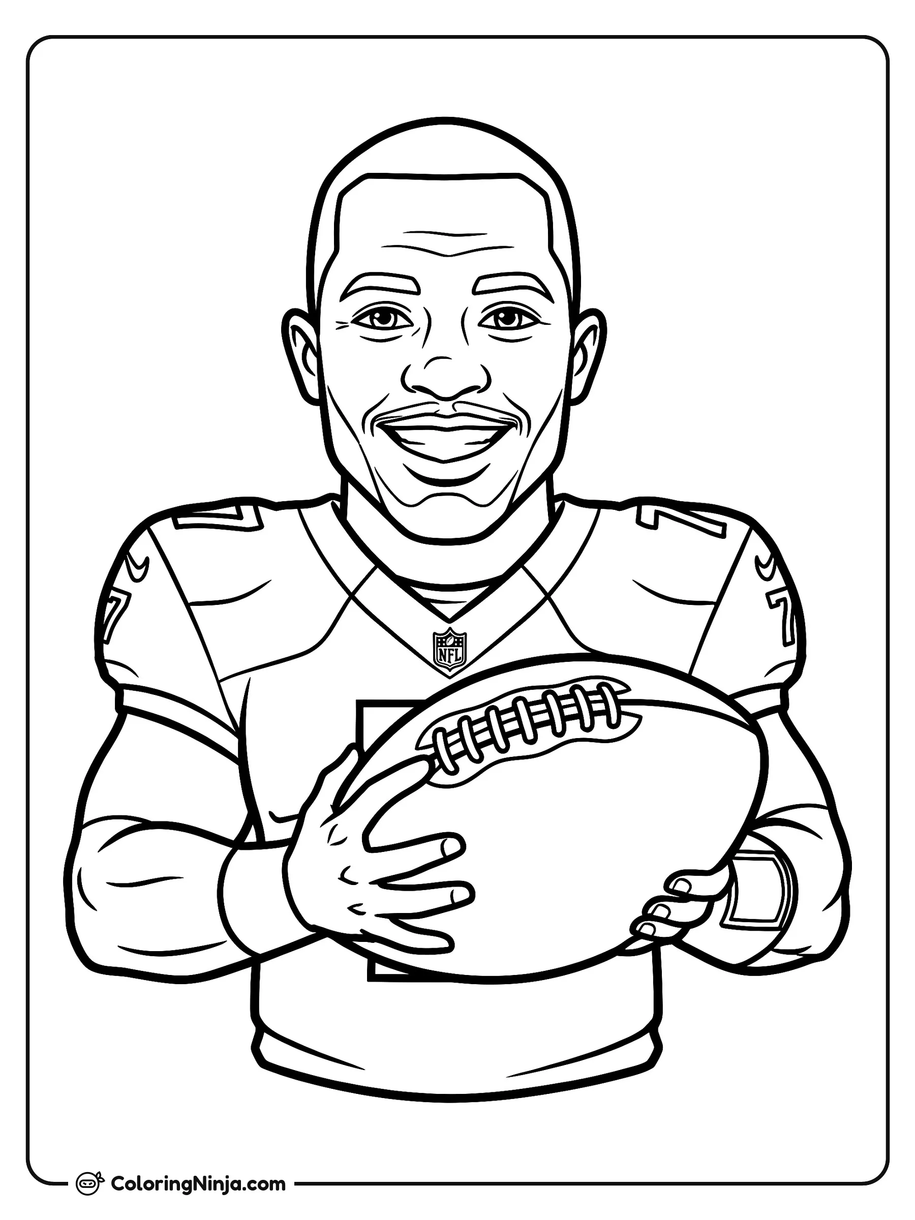 Geno Smith Caricatura de Mariscal de Campo, dibujo para colorear: El mariscal de campo Geno Smith sonríe vistiendo su uniforme de fútbol americano mientras sostiene el balón con ambas manos.