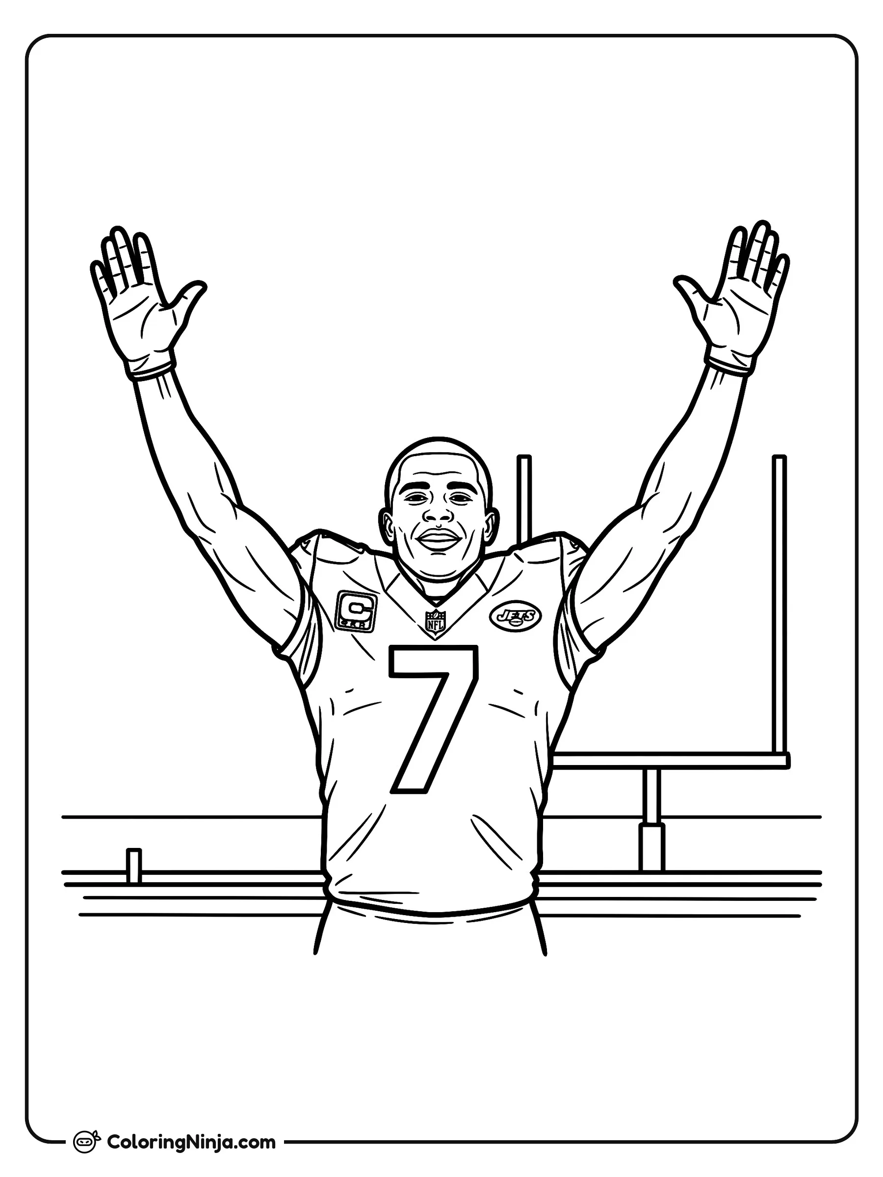 Celebración de touchdown de Geno Smith, dibujo para colorear: El jugador de fútbol americano Geno Smith levanta ambos brazos para celebrar en medio del campo de juego.