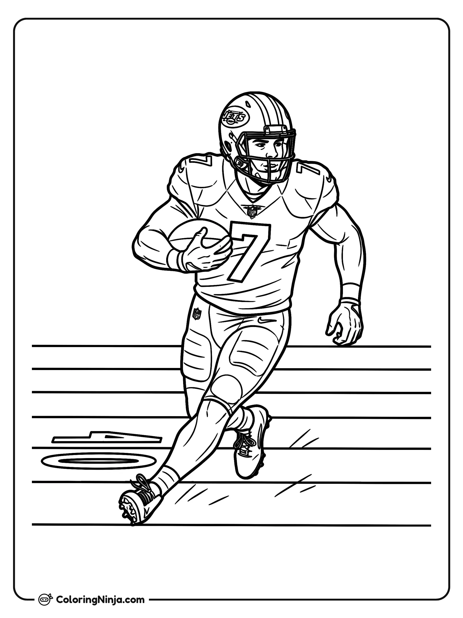 Geno Smith corriendo con el balón, dibujo para colorear: Geno Smith avanza a toda velocidad sujetando el balón de fútbol americano con firmeza mientras cruza las líneas del campo. Lleva su uniforme completo con casco, hombreras y tacos deportivos.