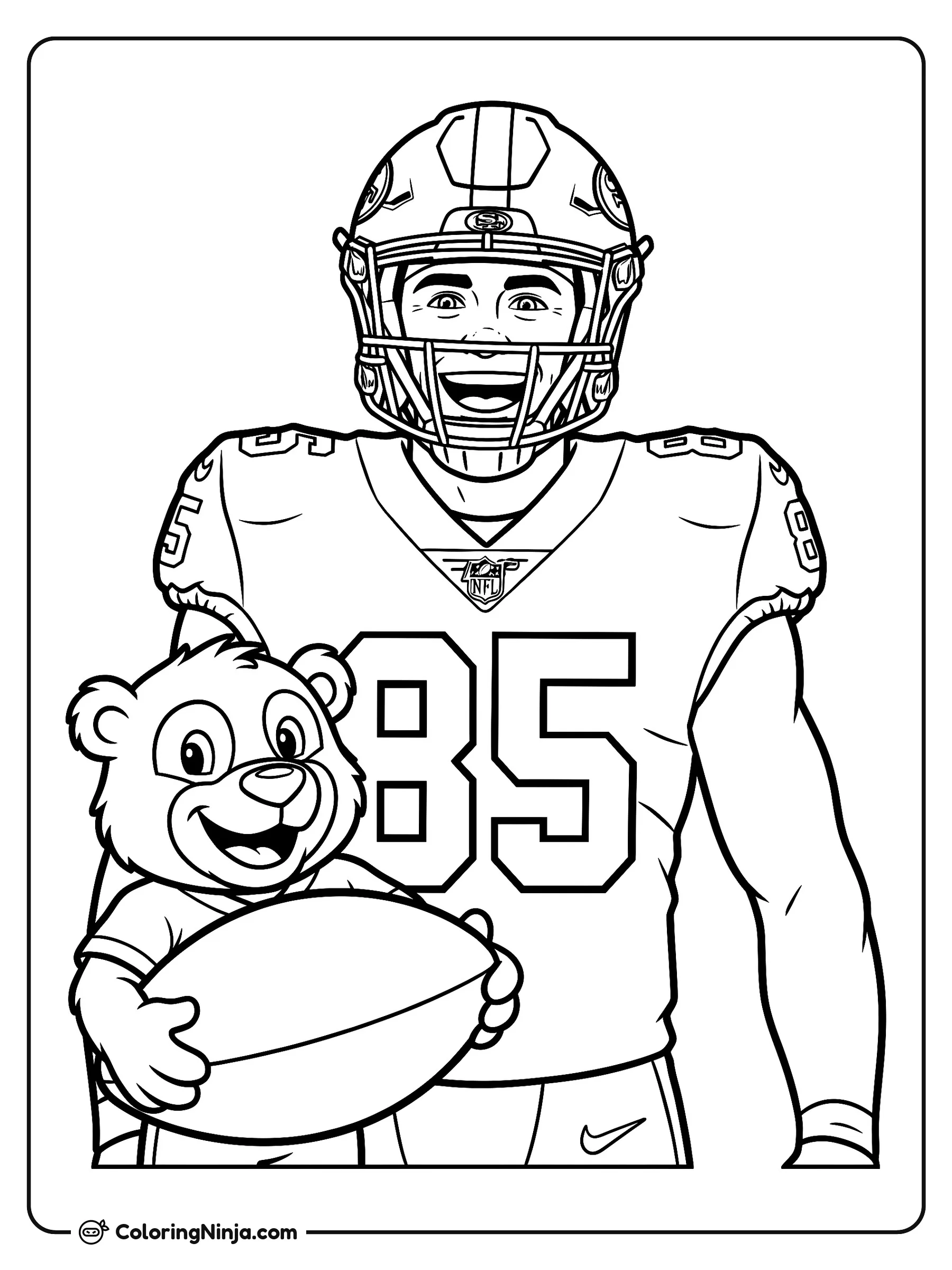 George Kittle en versión dibujo animado, dibujo para colorear: George Kittle sonríe vistiendo su uniforme de fútbol americano, su casco y el jersey número 85. Un alegre osito de caricatura está frente a él sosteniendo un balón de fútbol.