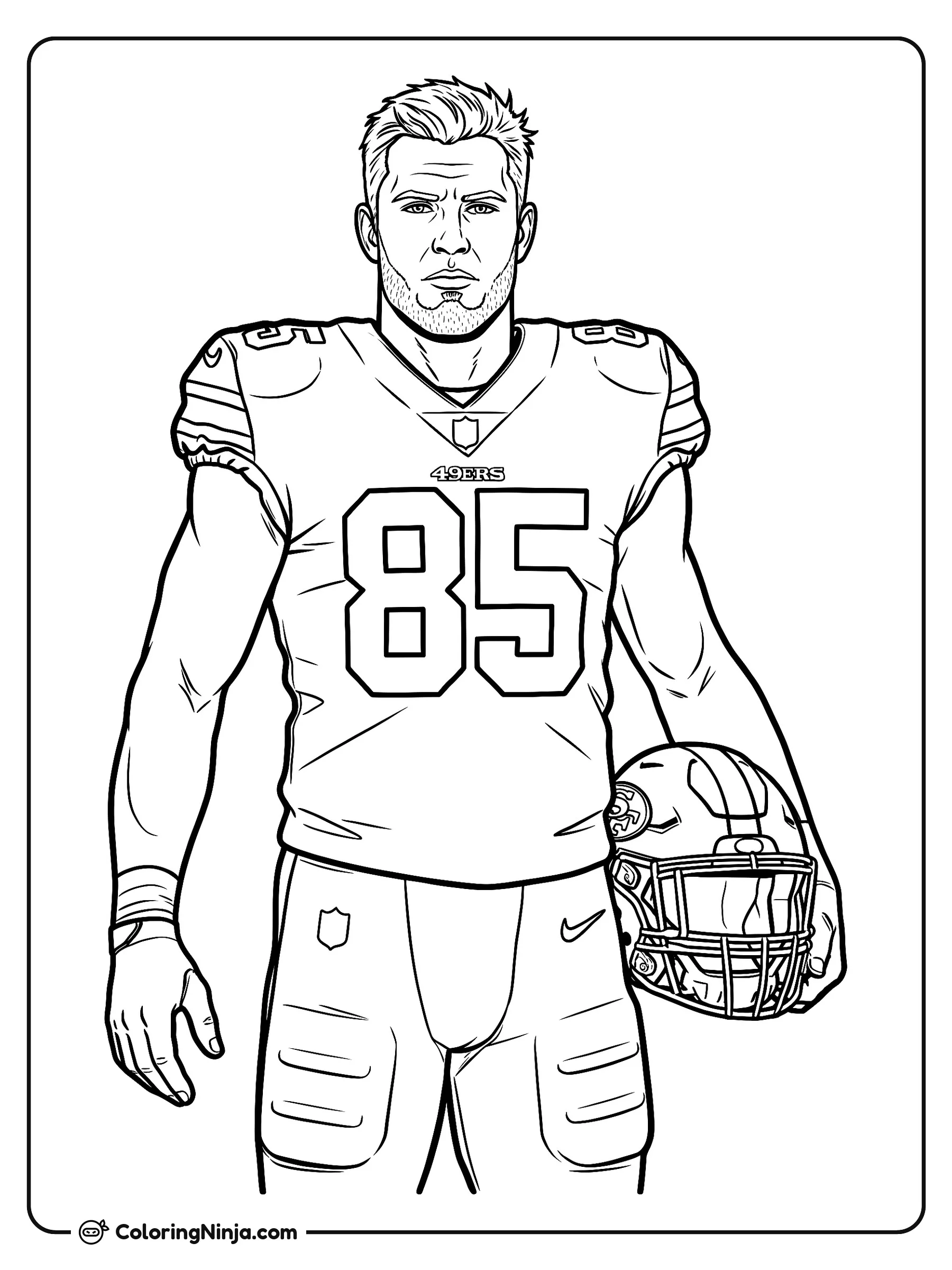 Retrato de George Kittle en la banca, dibujo para colorear: George Kittle posa de pie vistiendo su uniforme completo de fútbol americano y sosteniendo su casco a un lado.