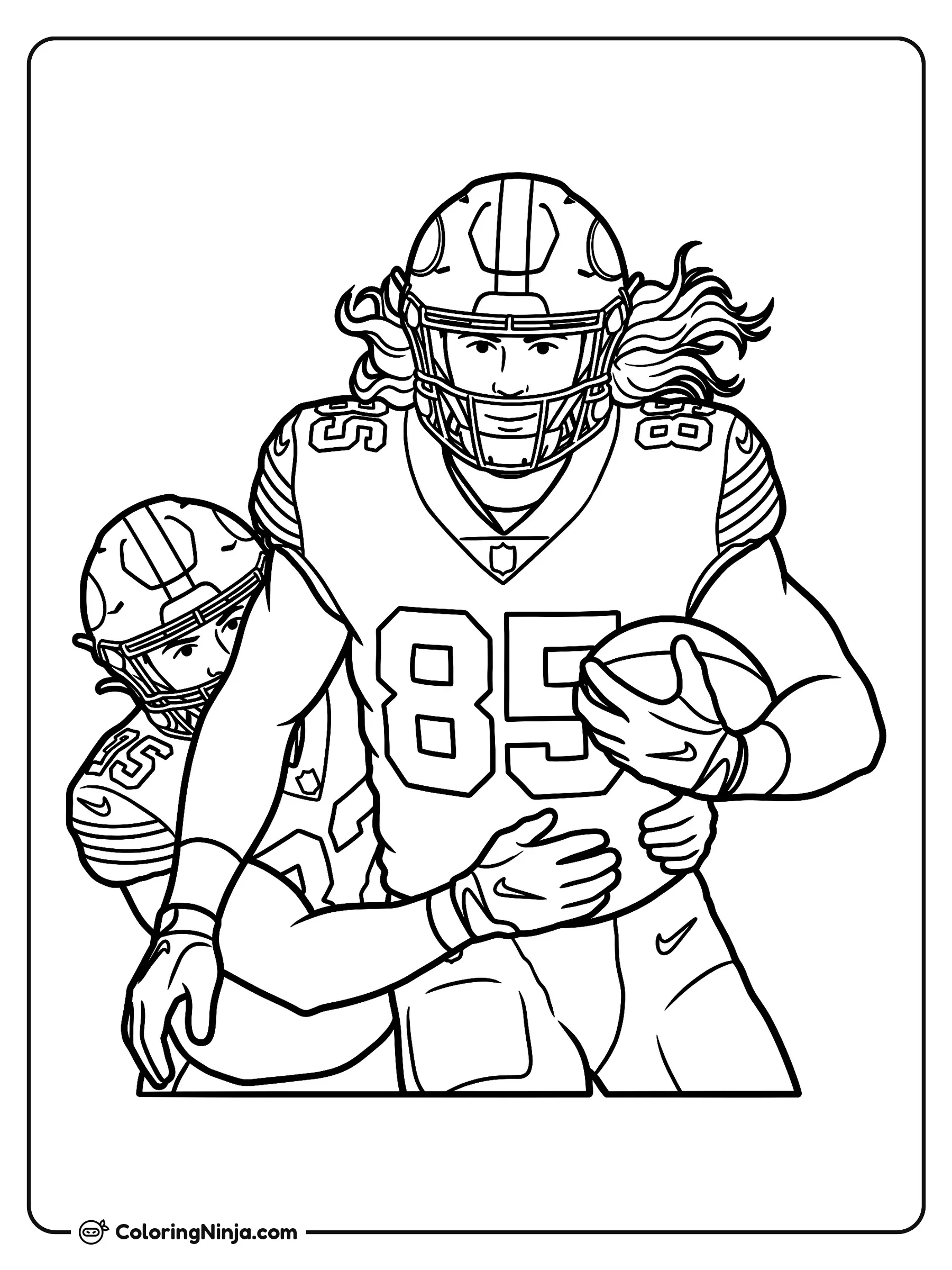 George Kittle Avanzando entre Defensores, dibujo para colorear: La estrella del fútbol americano George Kittle avanza a toda velocidad con el balón asegurado bajo el brazo mientras viste su uniforme completo.