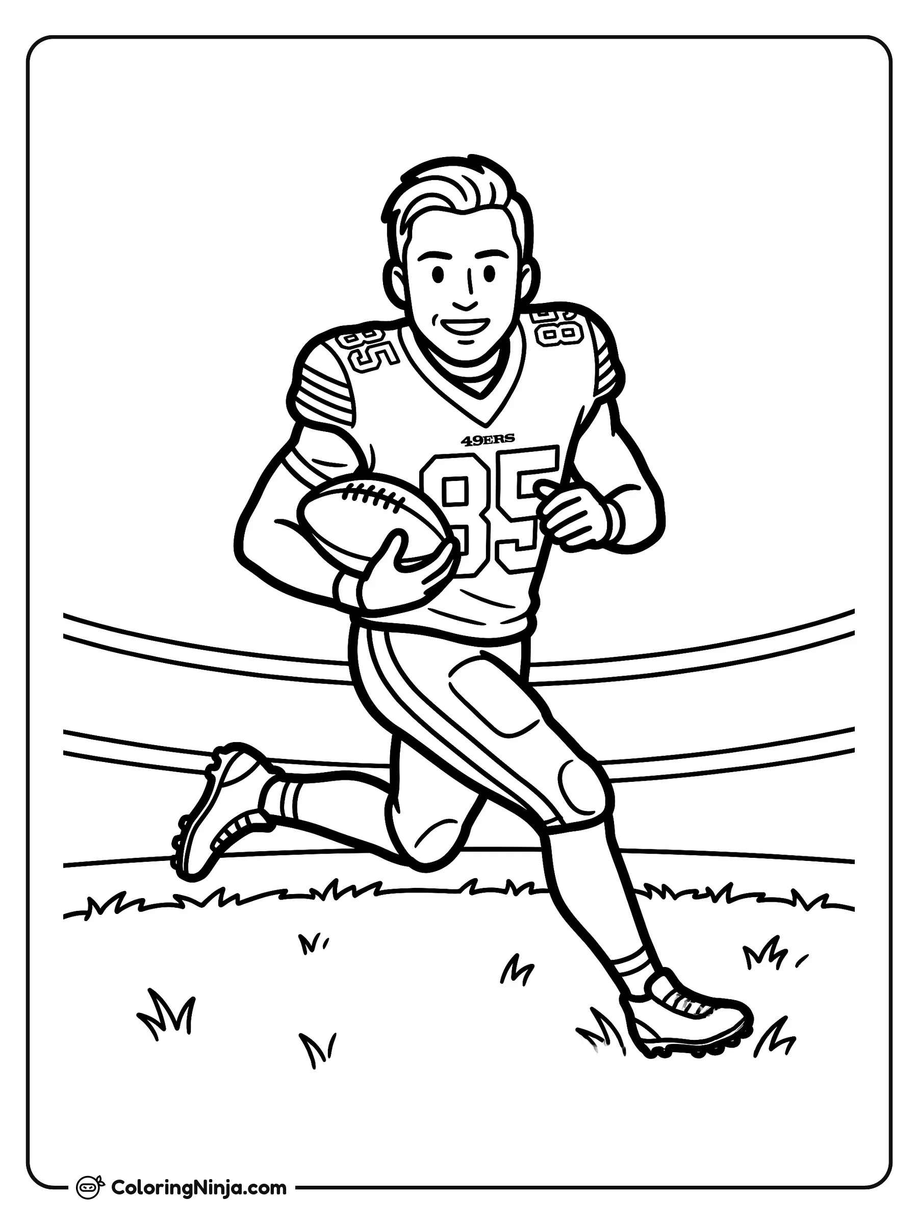 George Kittle corriendo con el balón, dibujo para colorear: El jugador de fútbol americano George Kittle sonríe mientras corre rápidamente por el campo con el balón en la mano.