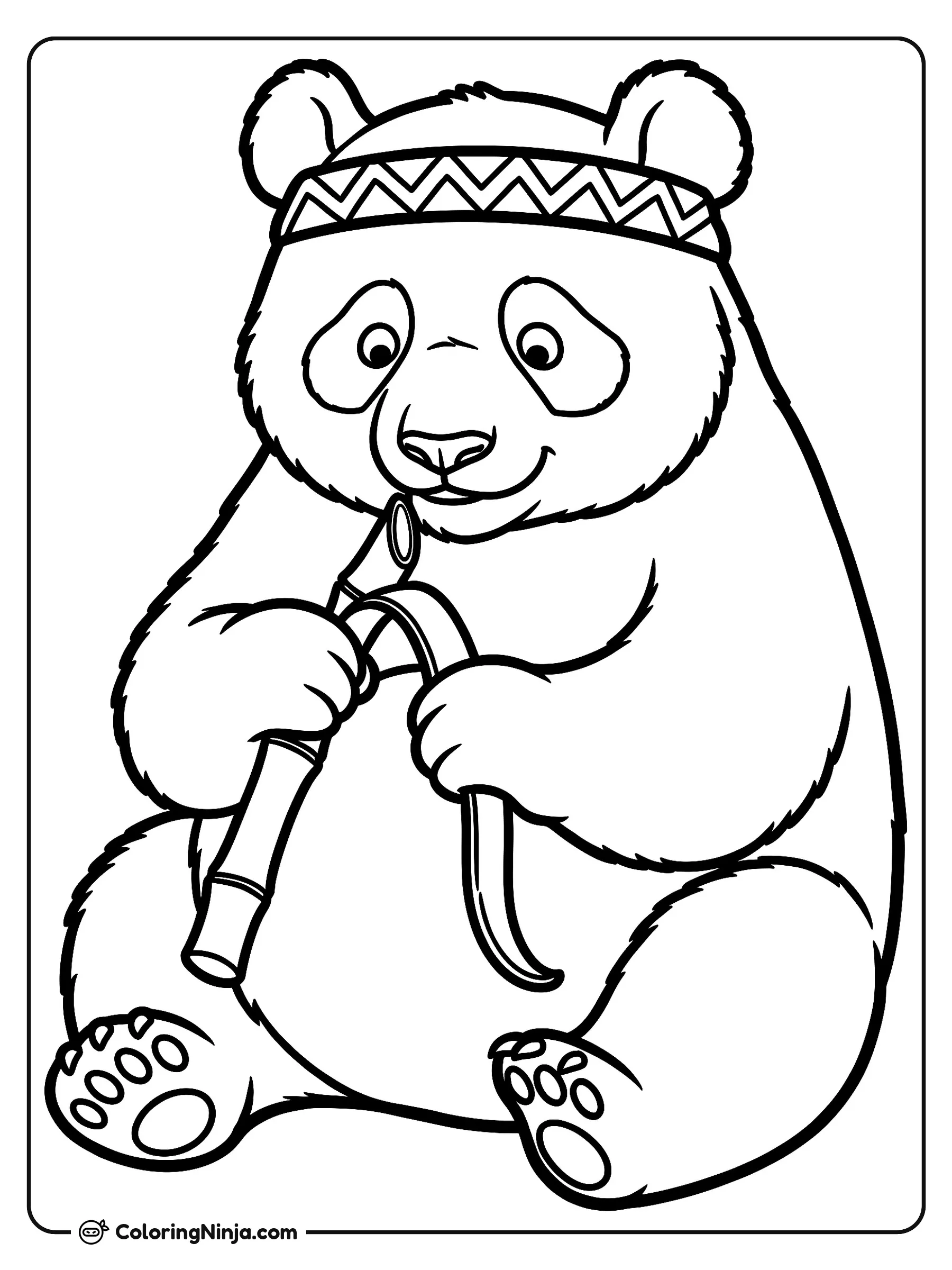 Panda maestro del bambú, dibujo para colorear: Un alegre oso panda con una cinta decorativa en la cabeza está sentado mientras sostiene una rama de bambú. El amigable panda pela con cuidado una hoja del tallo con sus patas.