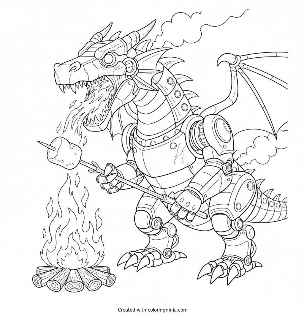 Robot Dragon At The Campsite Coloring Page