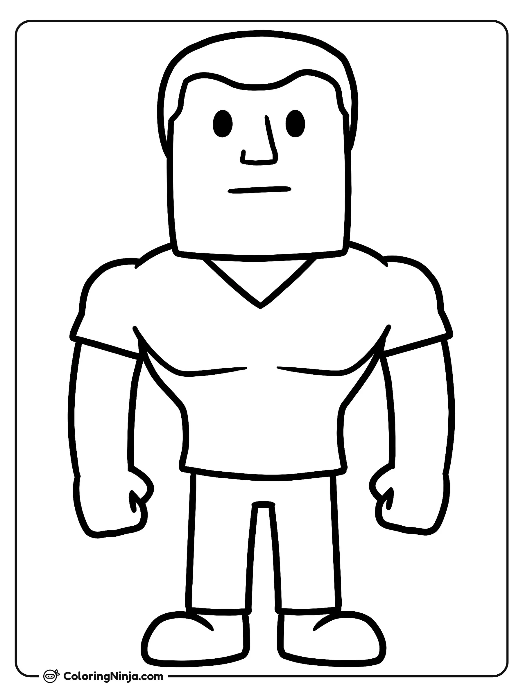Giga Chad al Estilo Dibujo Animado, dibujo para colorear: Giga Chad posa de frente con una postura firme y una expresión serena. Viste una camiseta de cuello en V, pantalones y zapatos sencillos.
