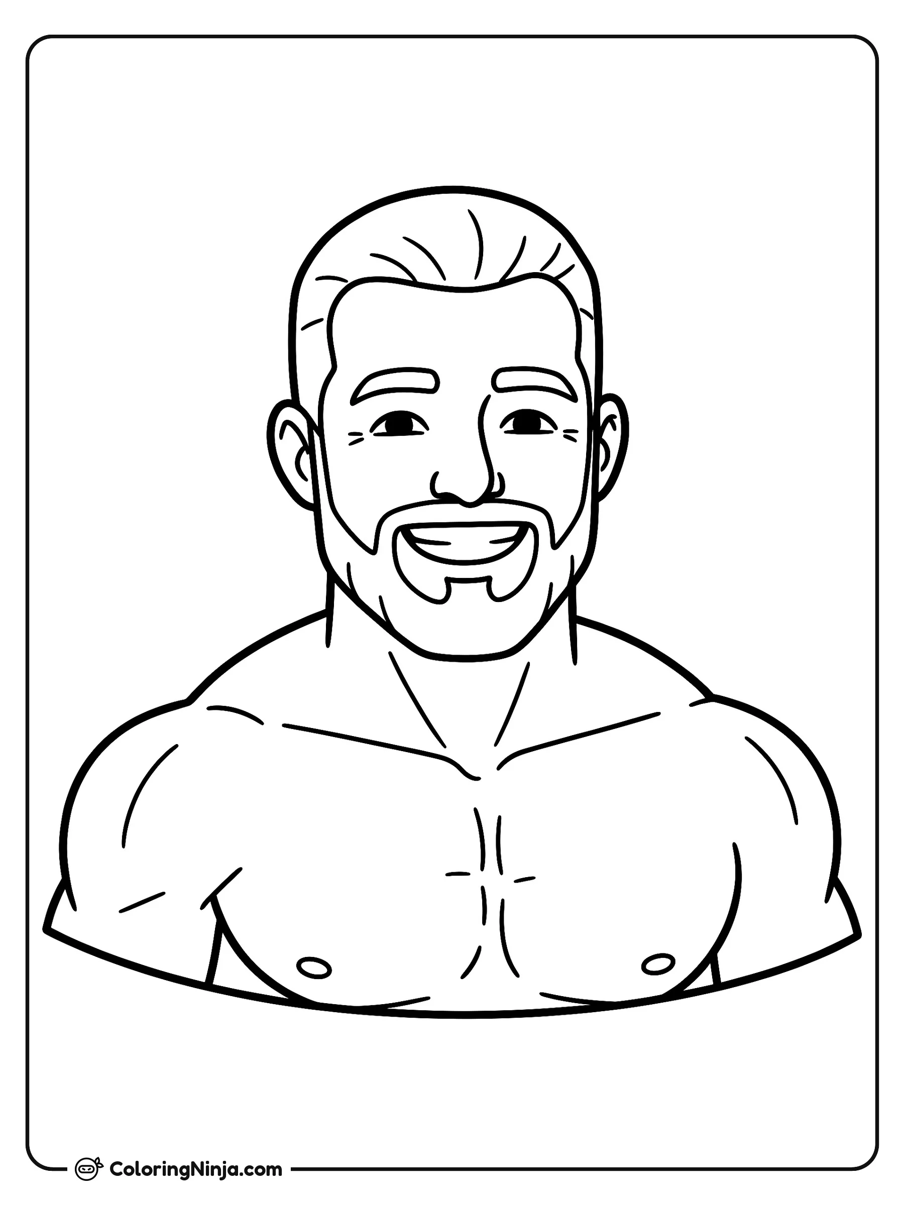Retrato de Giga Chad sonriendo, dibujo para colorear: Giga Chad sonríe alegremente en un retrato del pecho hacia arriba, mostrando su marcada mandíbula, barba y peinado ordenado. Posa con mucha confianza sobre un fondo completamente limpio.