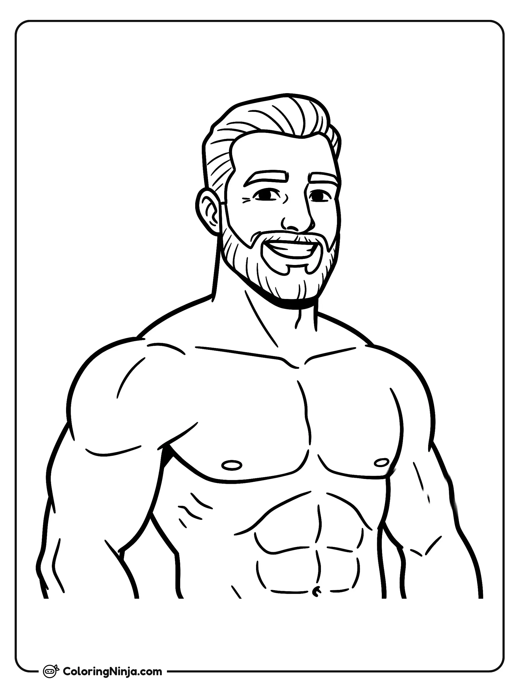 Giga Chad Sonriente y Musculoso, dibujo para colorear: Giga Chad sonríe con confianza mientras muestra su torso fuerte y musculoso con barba y peinado bien definidos. Posa sin camisa exhibiendo sus hombros, pecho y abdominales marcados.