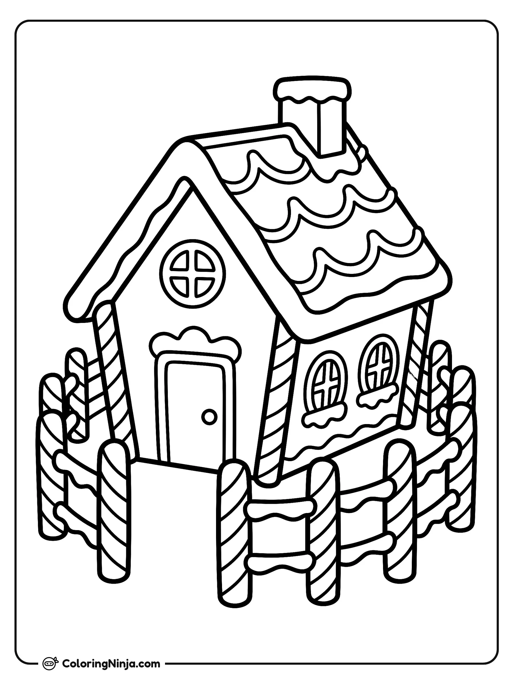 Candy Cane Fence House Coloring Page: A decorated gingerbread house sits behind a neat perimeter fence constructed from vertical striped candy canes connected by frosting swags. Small peppermints mark the entryway gate.