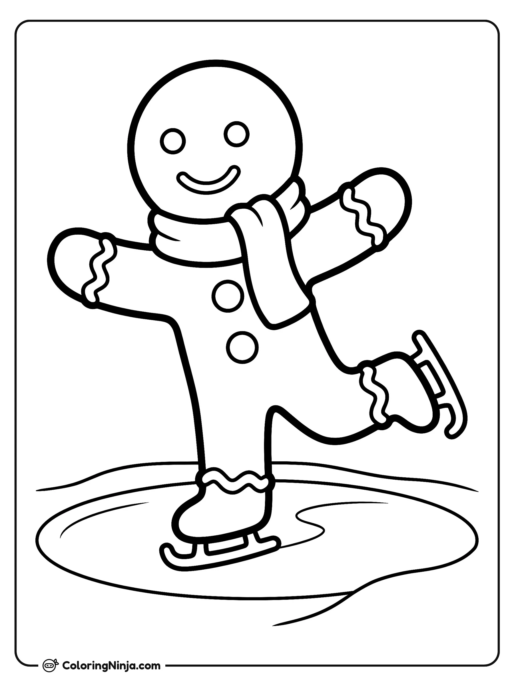 Ice Skating Gingerbread Cookie Coloring Page: The illustration depicts a gingerbread man gliding across a frozen pond on tiny ice skates while wearing a striped scarf. Gentle ice swirls and small snowflakes appear around him.
