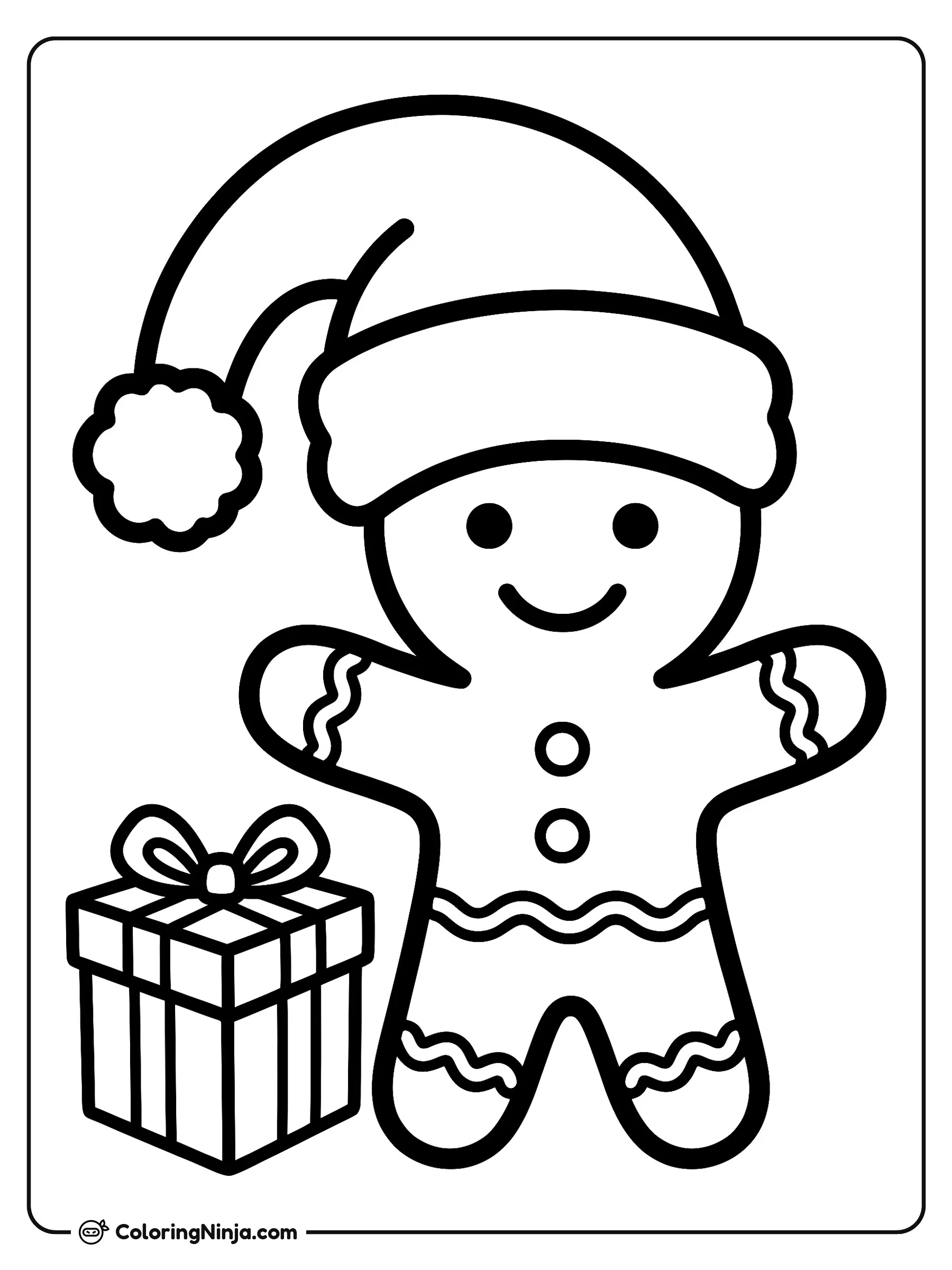 Gingerbread Cookie in Santa Hat Coloring Page: This drawing features a gingerbread man topped with a classic Santa hat featuring a puffy pom-pom. A small gift box with a ribbon sits beside his feet.