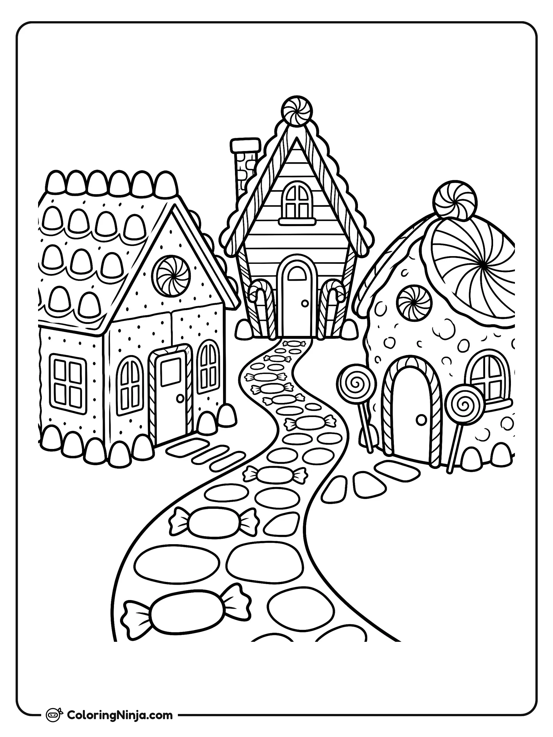 Winding Gingerbread Village Coloring Page: Three distinct gingerbread houses stand in a row along a curved path paved with round hard candies. Each house features unique candy decorations and frosting styles.