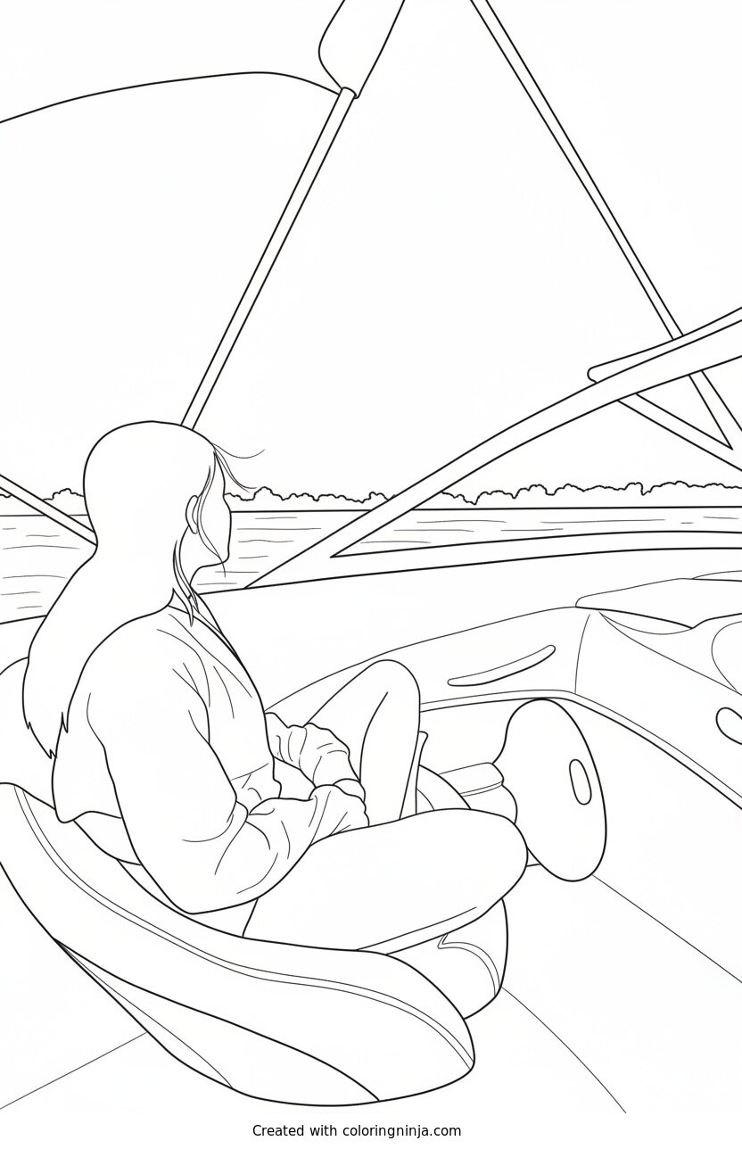 Coloring page of Girl on a Boat at Sunset