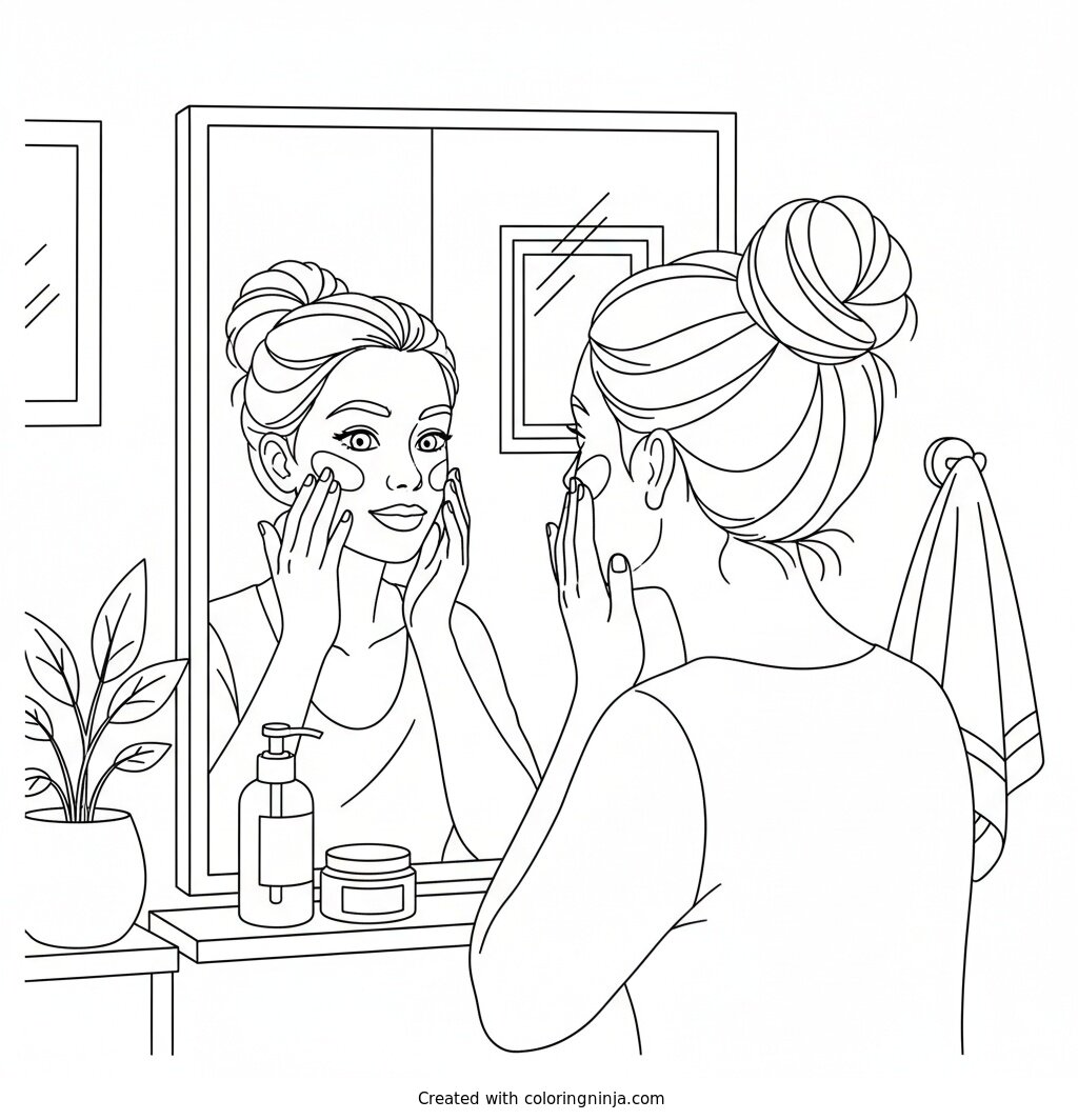 Coloring page of Girl doing a nighttime skincare routine in front of a mirror