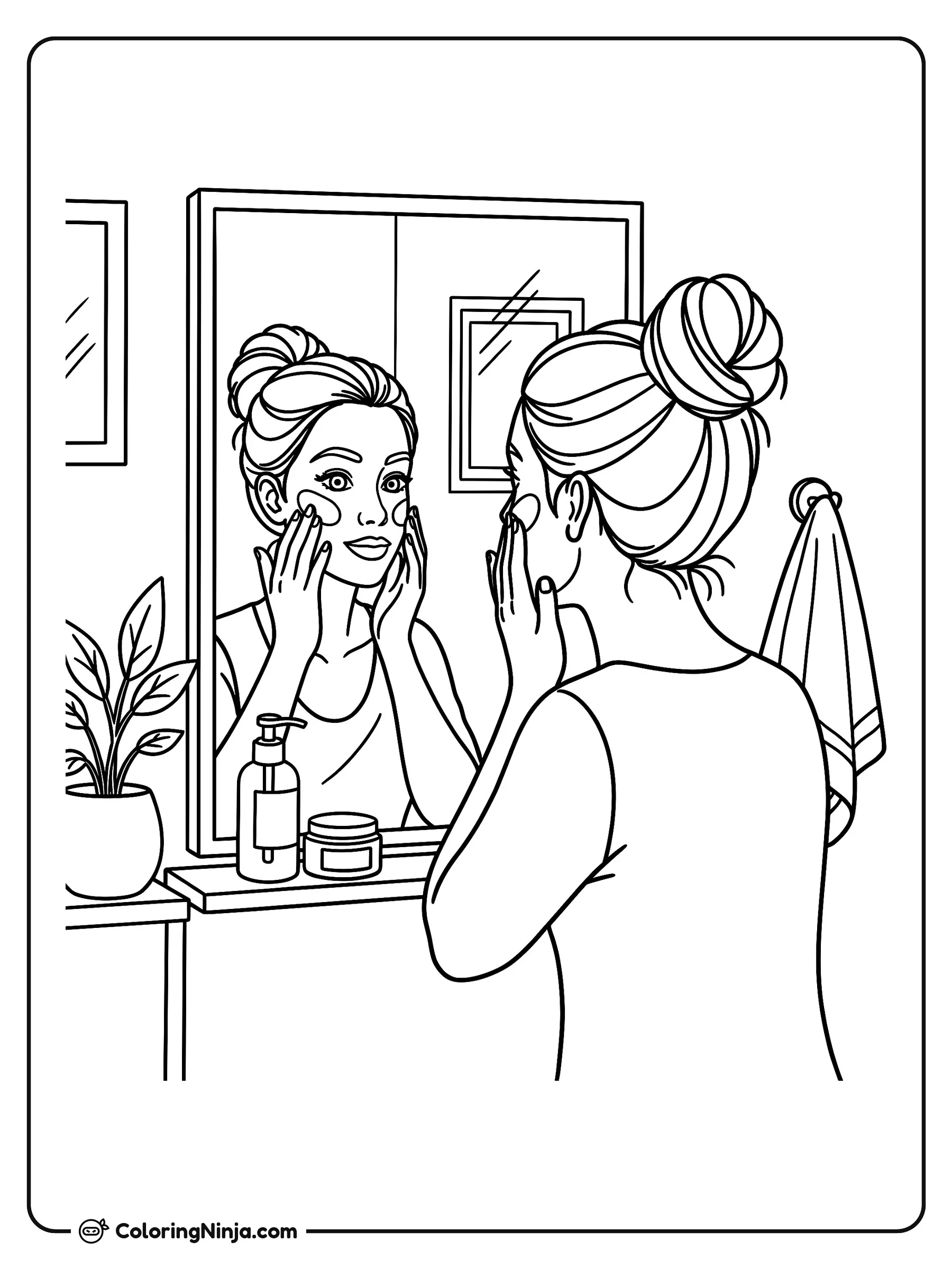 Rutina de cuidado facial en el espejo, dibujo para colorear: Una mujer con peinado de chongo se aplica discos faciales frente al espejo del baño como parte de su rutina nocturna.