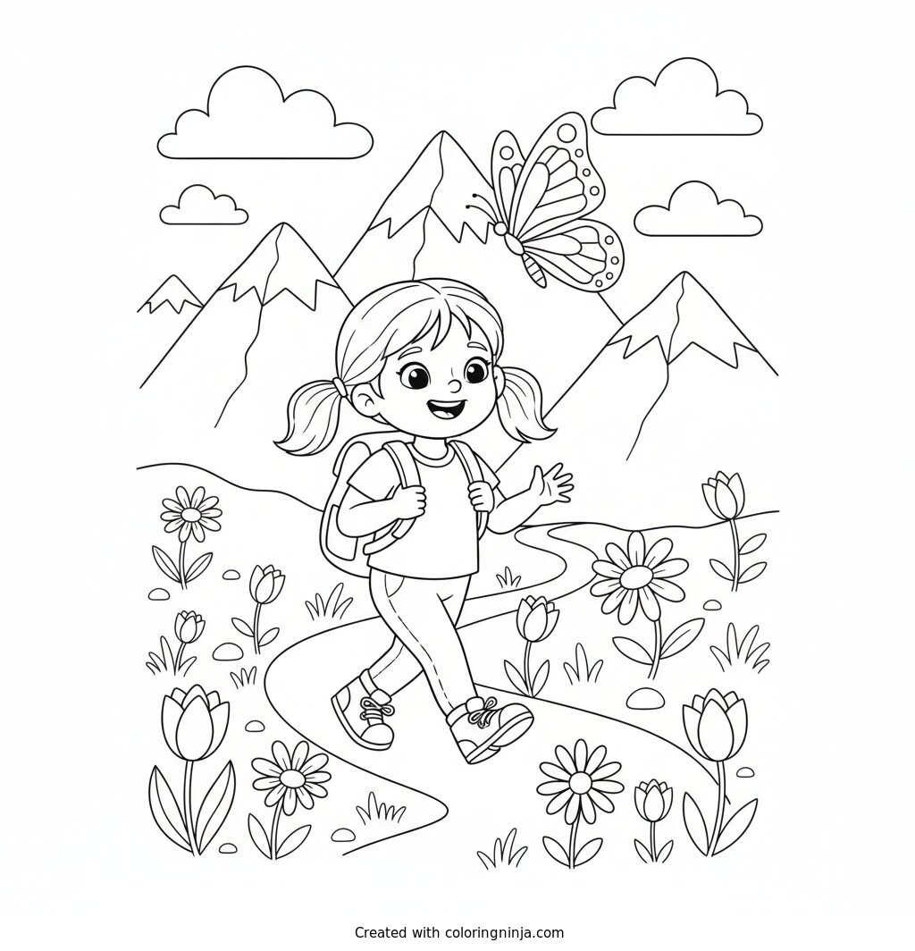 A Young Girl Hiking Outside Coloring Page