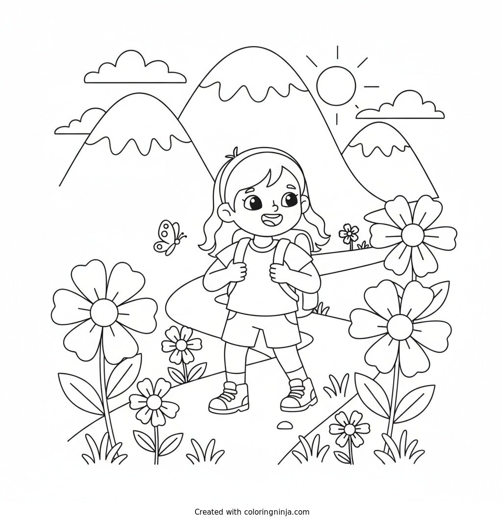 A Girl Hiking in Mountains Coloring Page