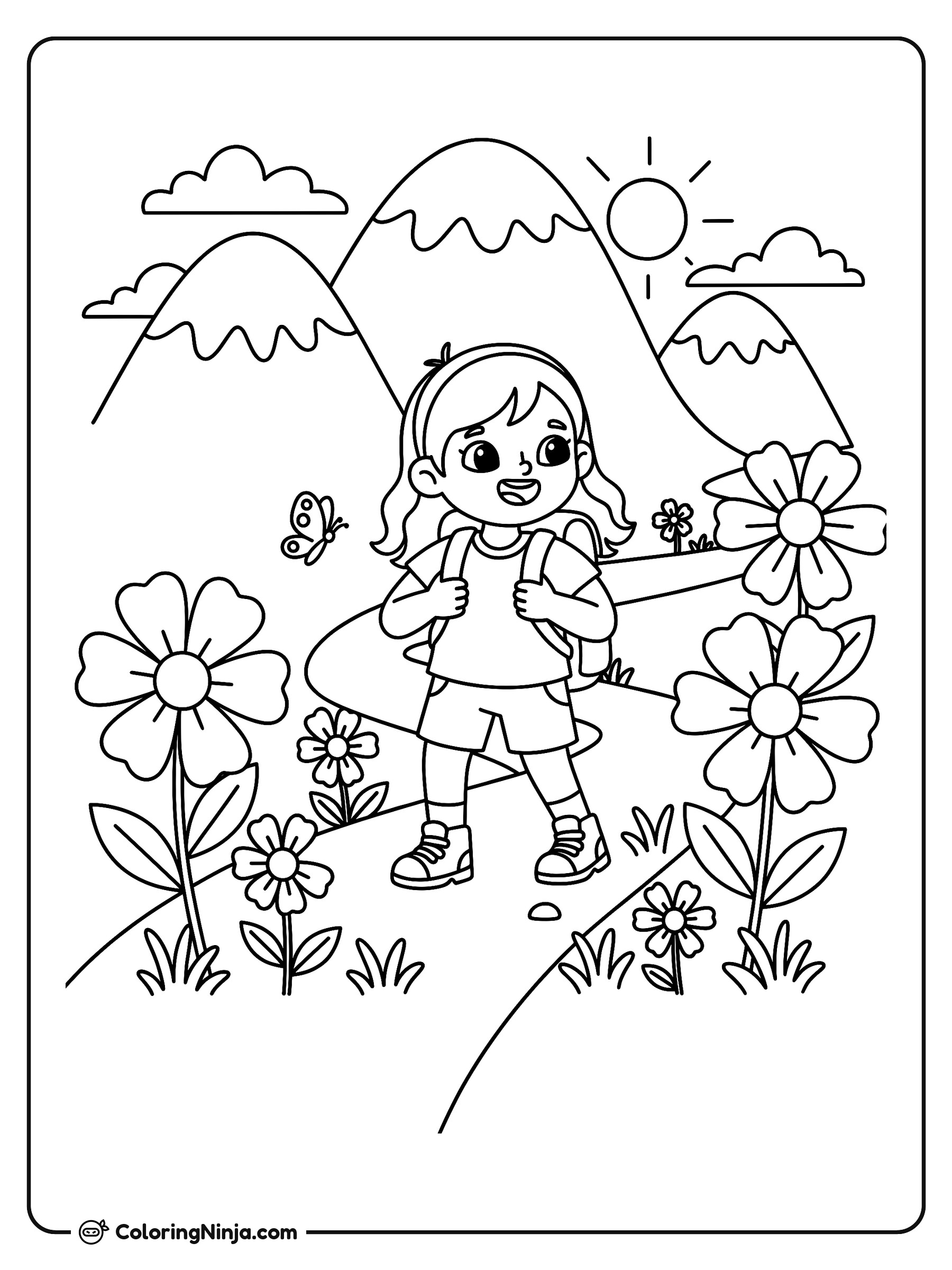 Niña haciendo senderismo en las montañas: dibujo para colorear