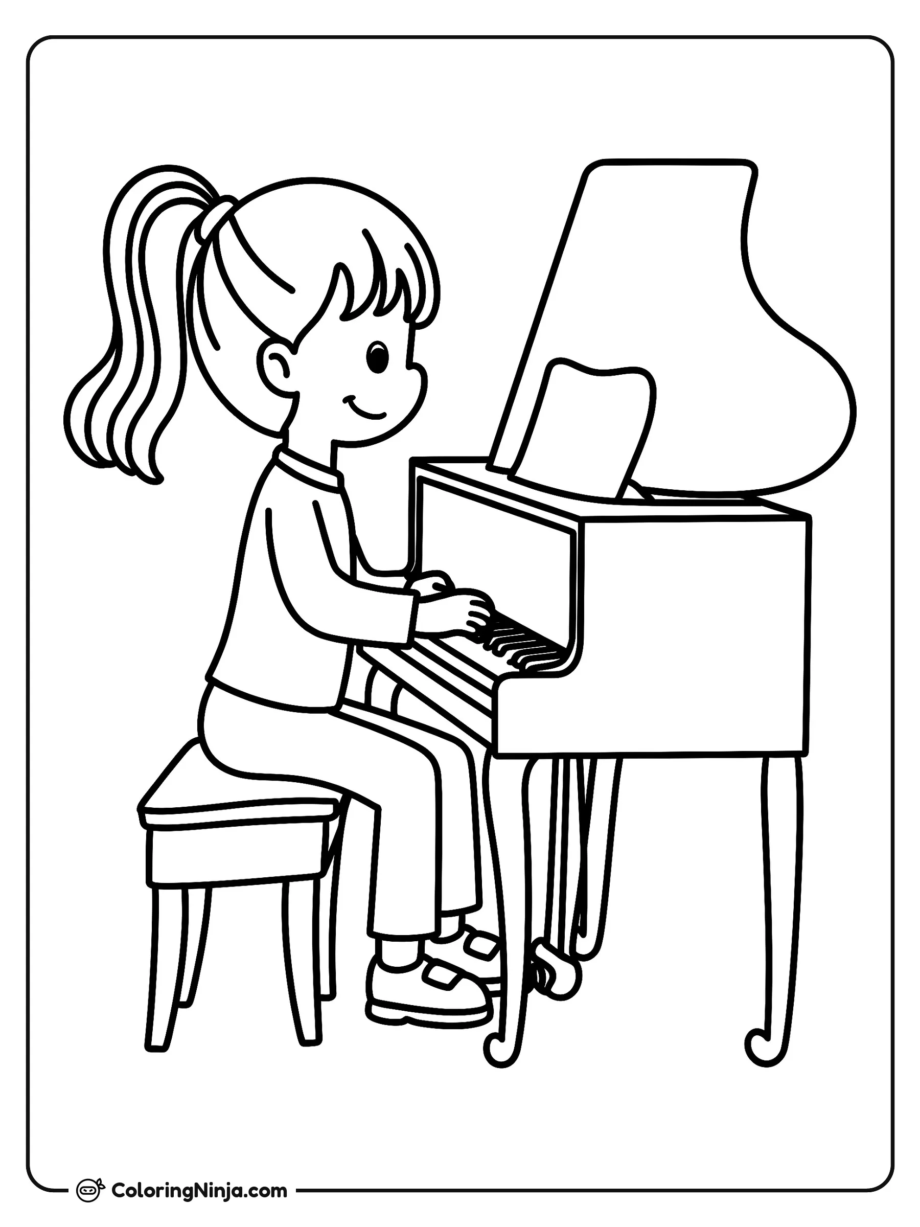 Una niña tocando el piano, dibujo para colorear: Una joven con una coleta en el cabello está sentada en un banco tocando un piano de cola con la partitura abierta.