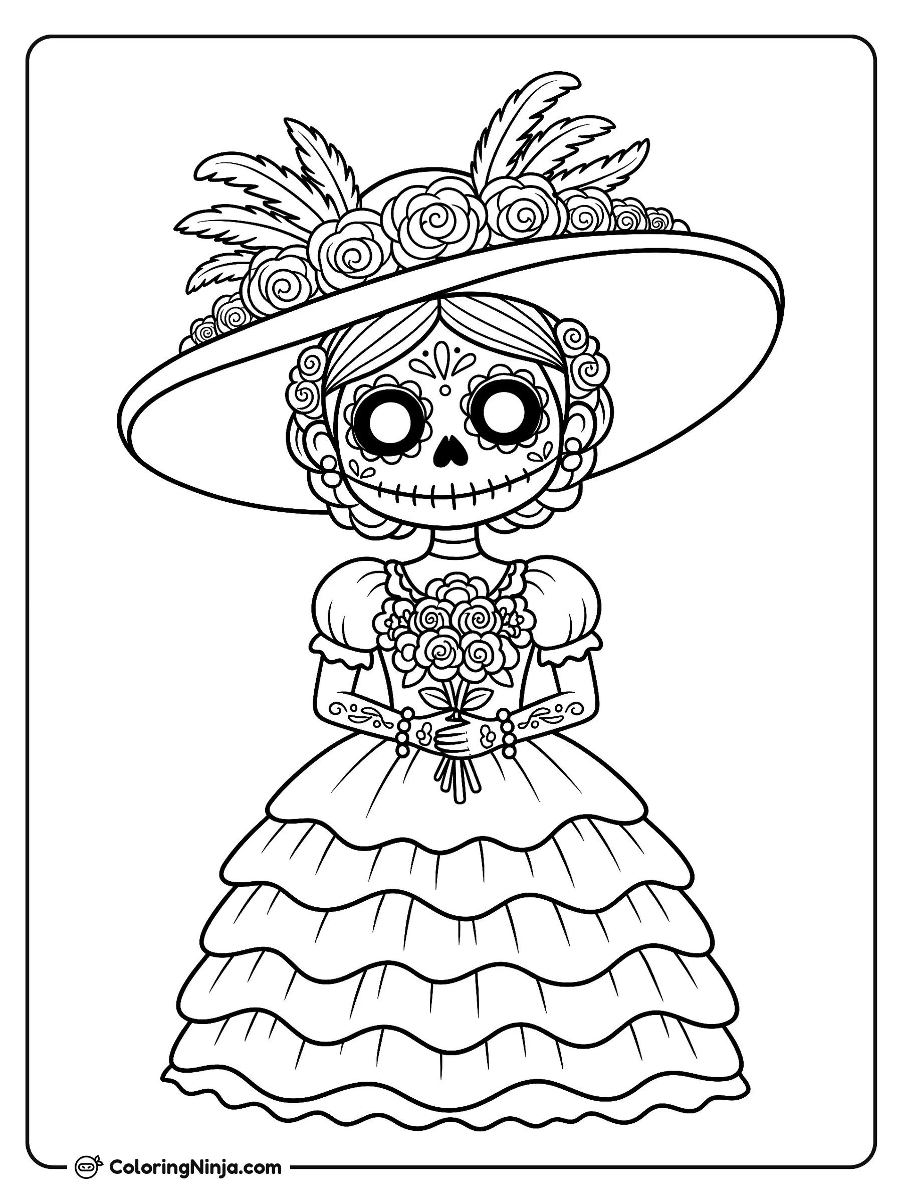 Niña disfrazada de La Catrina, dibujo para colorear: Una joven luce un elegante disfraz de La Catrina mientras sostiene un ramo de rosas.