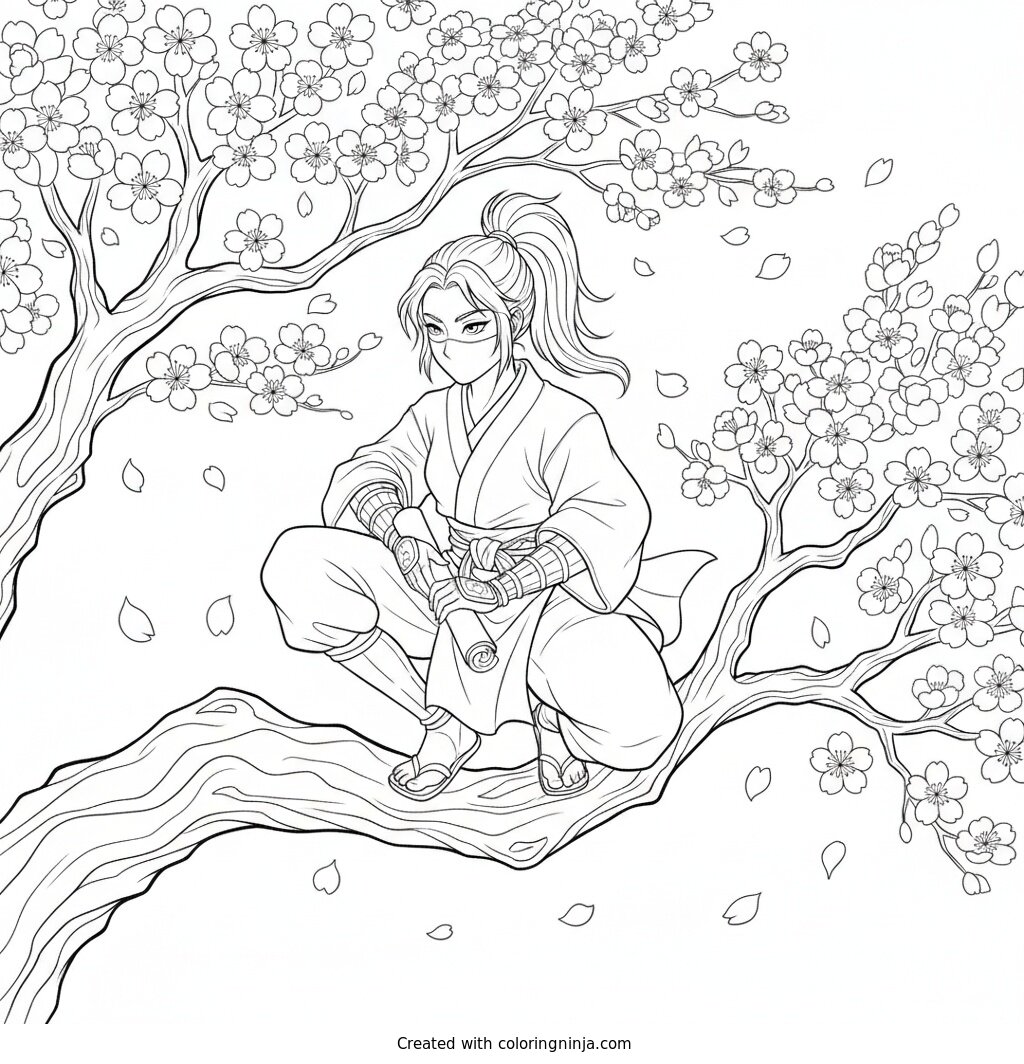 Girl Ninja in Cherry Tree Coloring Page