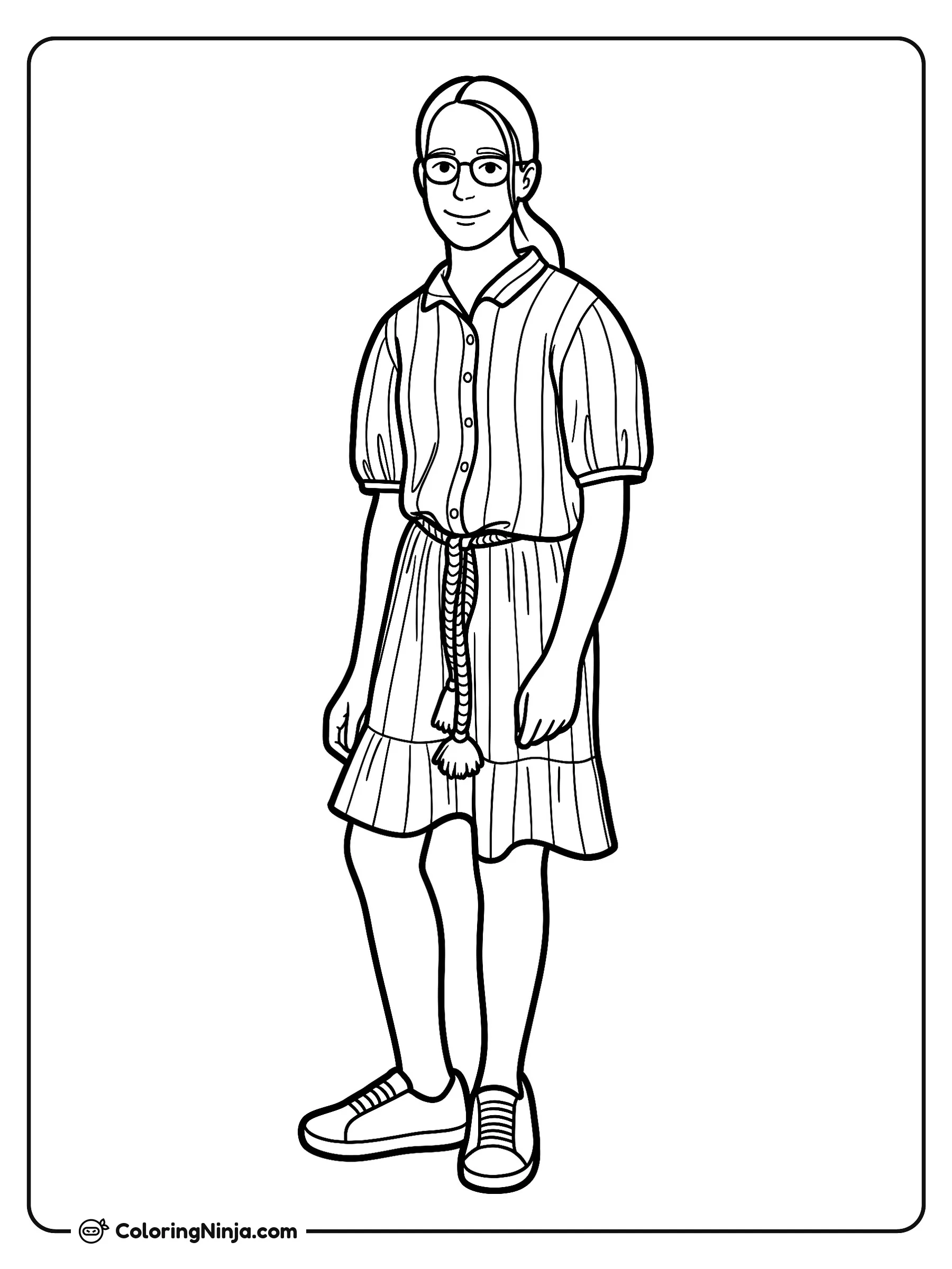Niña con vestido y lentes, dibujo para colorear: Una niña sonriente viste un atuendo de rayas con botones al frente, cinturón trenzado y tenis casuales.