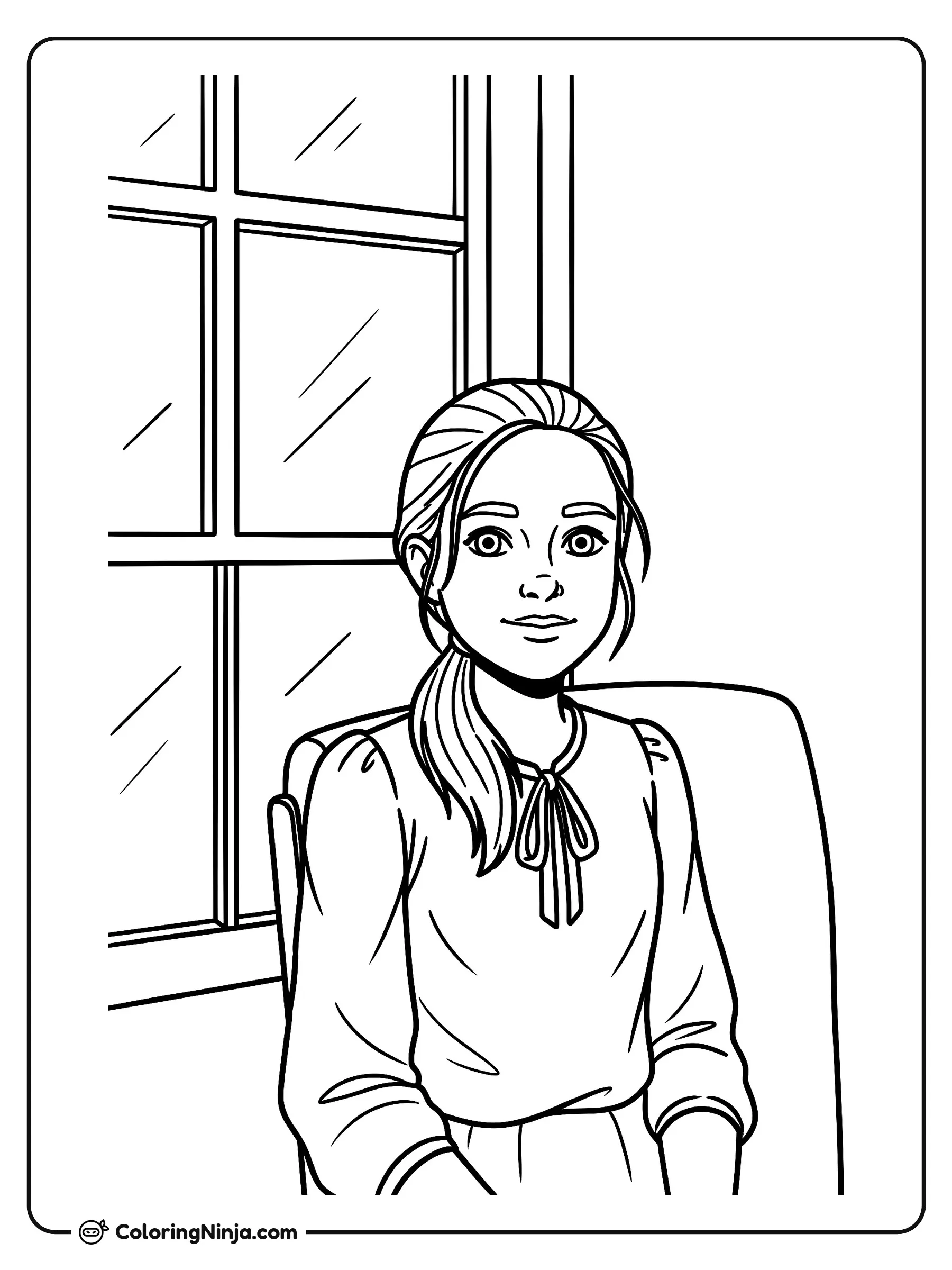 Niña posando junto a la ventana, dibujo para colorear: Una joven con el cabello recogido descansa tranquilamente en una silla frente a una gran ventana. Lleva una blusa de manga larga decorada con un lazo en el cuello.