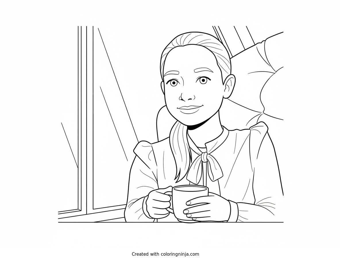 Coloring page of Girl by the Window with Ponytail