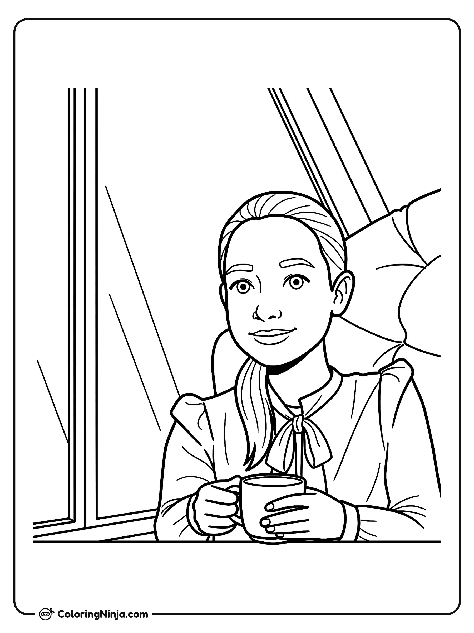 Niña junto a la ventana con una taza, dibujo para colorear: Una niña con coleta sostiene una taza abrigada mientras descansa sentada junto a una gran ventana.