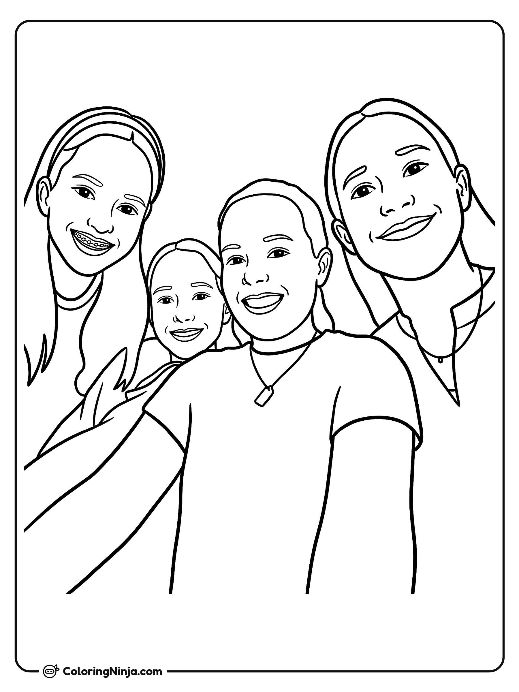 Girls Smiling in a Circle Coloring Page