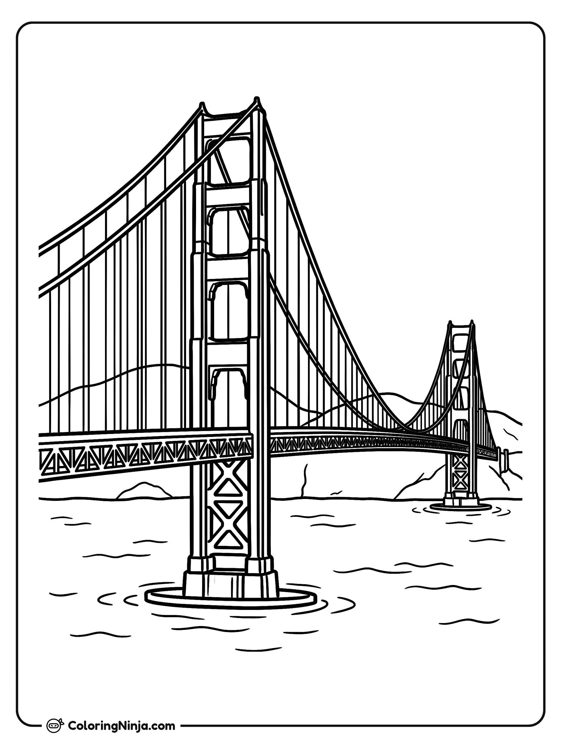 El famoso puente Golden Gate, dibujo para colorear: El icónico puente Golden Gate se extiende sobre aguas tranquilas, rodeado por sus torres de soporte, gruesos cables de suspensión y colinas en el fondo.