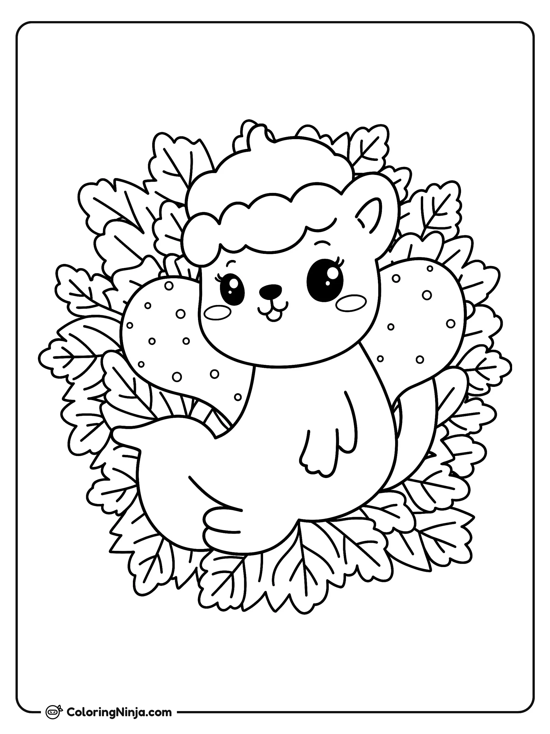 Lutra tierna rodeada de hojas, dibujo para colorear: Una simpática nutria con un pequeño gorro de Navidad descansa cómoda entre una tupida corona de hojas verdeantes.