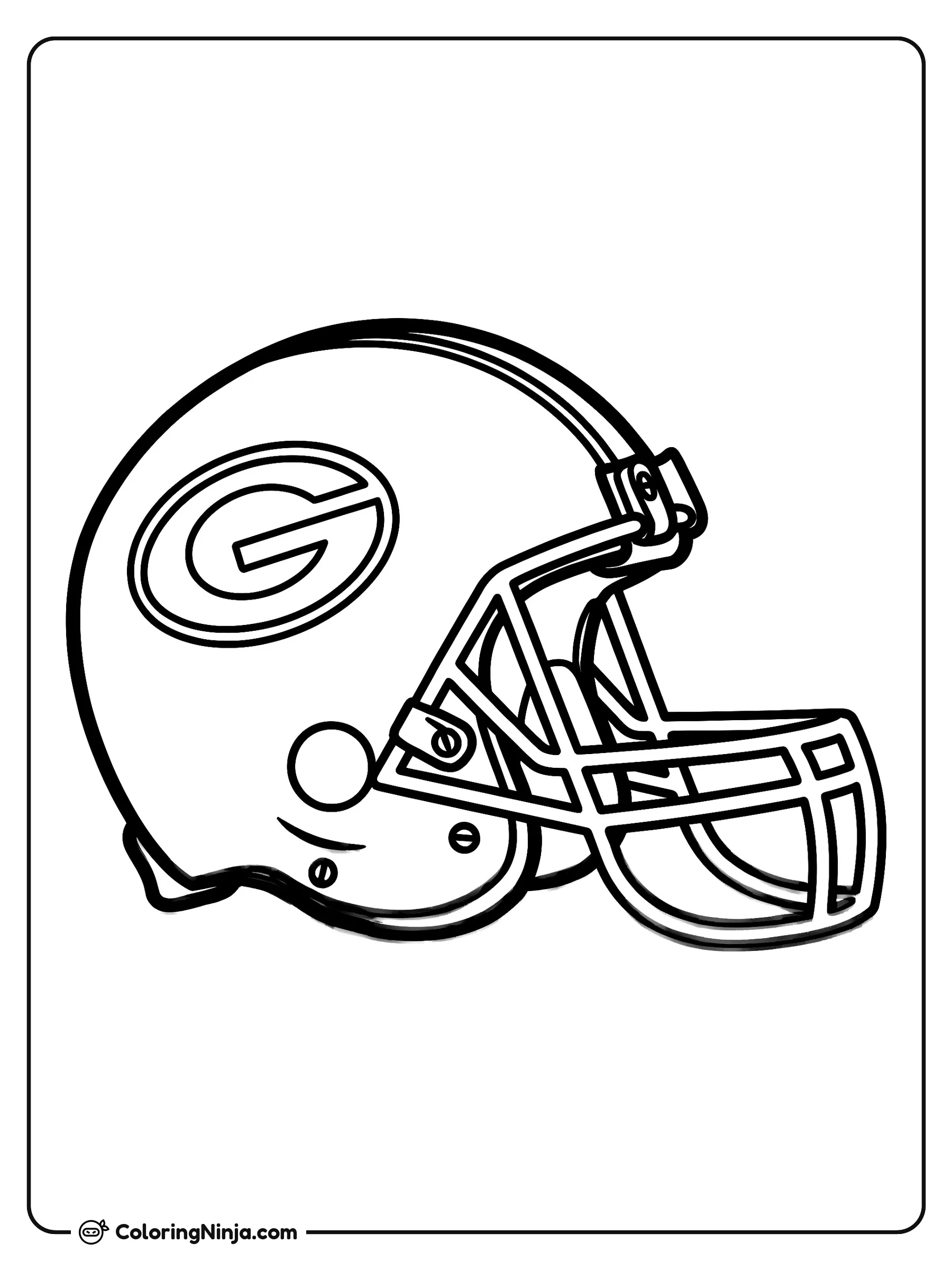 Casco de los Green Bay Packers, dibujo para colorear: Un casco de fútbol americano de los Green Bay Packers orientado hacia la derecha muestra su clásico diseño de protección.