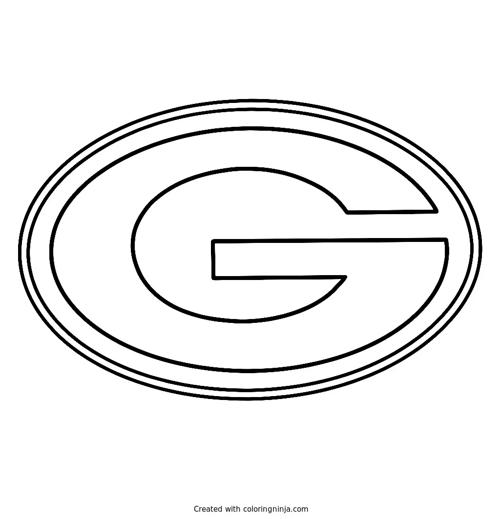 Logo de Green Bay Packers, dibujo para colorear: Esta página presenta el famoso logo de los Green Bay Packers, compuesto por una gran letra G dentro de un borde ovalado.