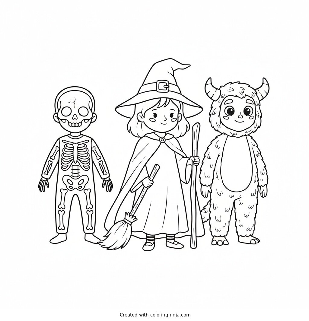 A Group of 3 Kids Dressed in Halloween Costumes Coloring Page