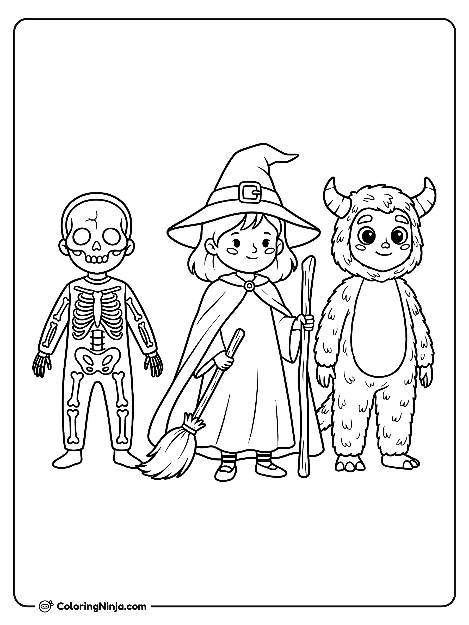 Tres niños con disfraces de Halloween, dibujo para colorear: Un grupo de tres niños posa sonriente con sus disfraces de esqueleto, bruja y monstruo peludo. Esta ilustración tiene formas amplias y claras, ideal para niños de 4 a 8 años.