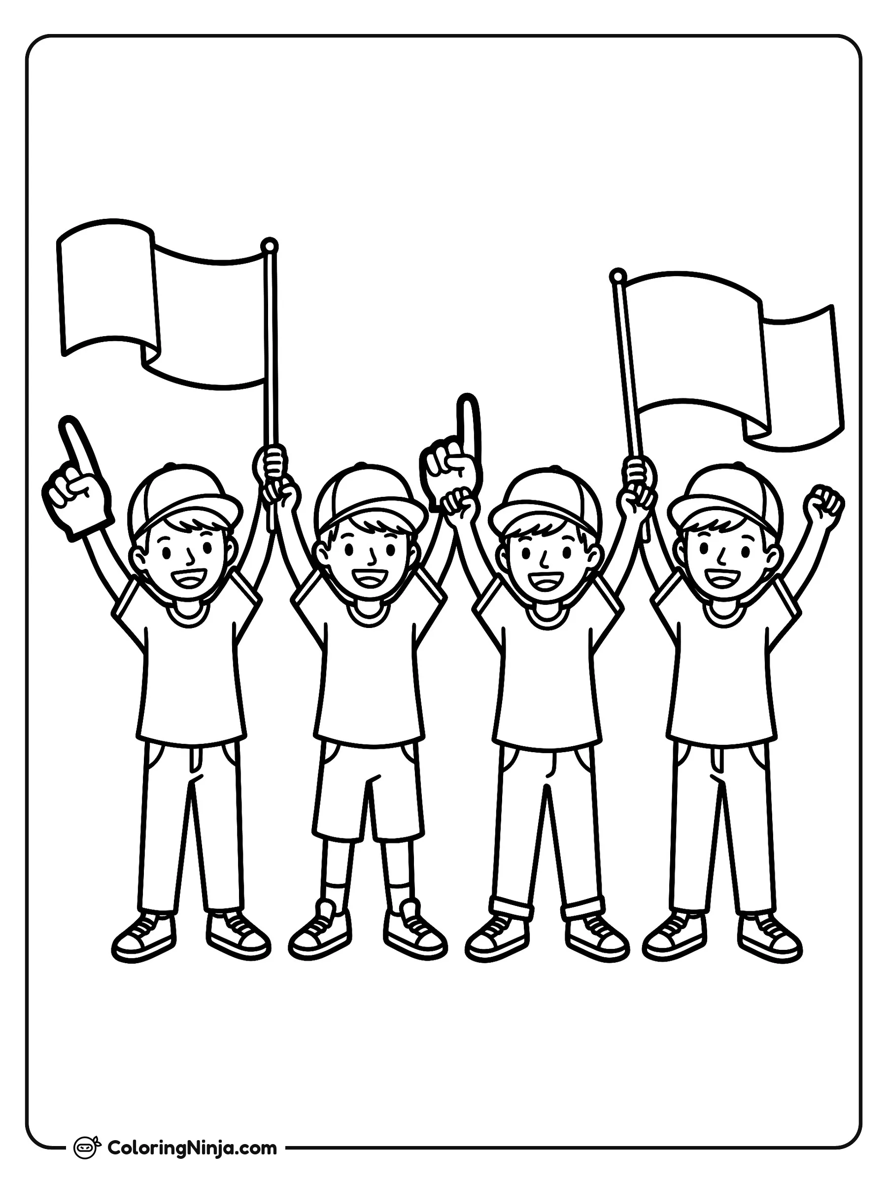 Aficionados entusiastas en las gradas, dibujo para colorear: Cuatro aficionados entusiastas se unen para animar en un evento deportivo usando gorras de béisbol y ropa informal.