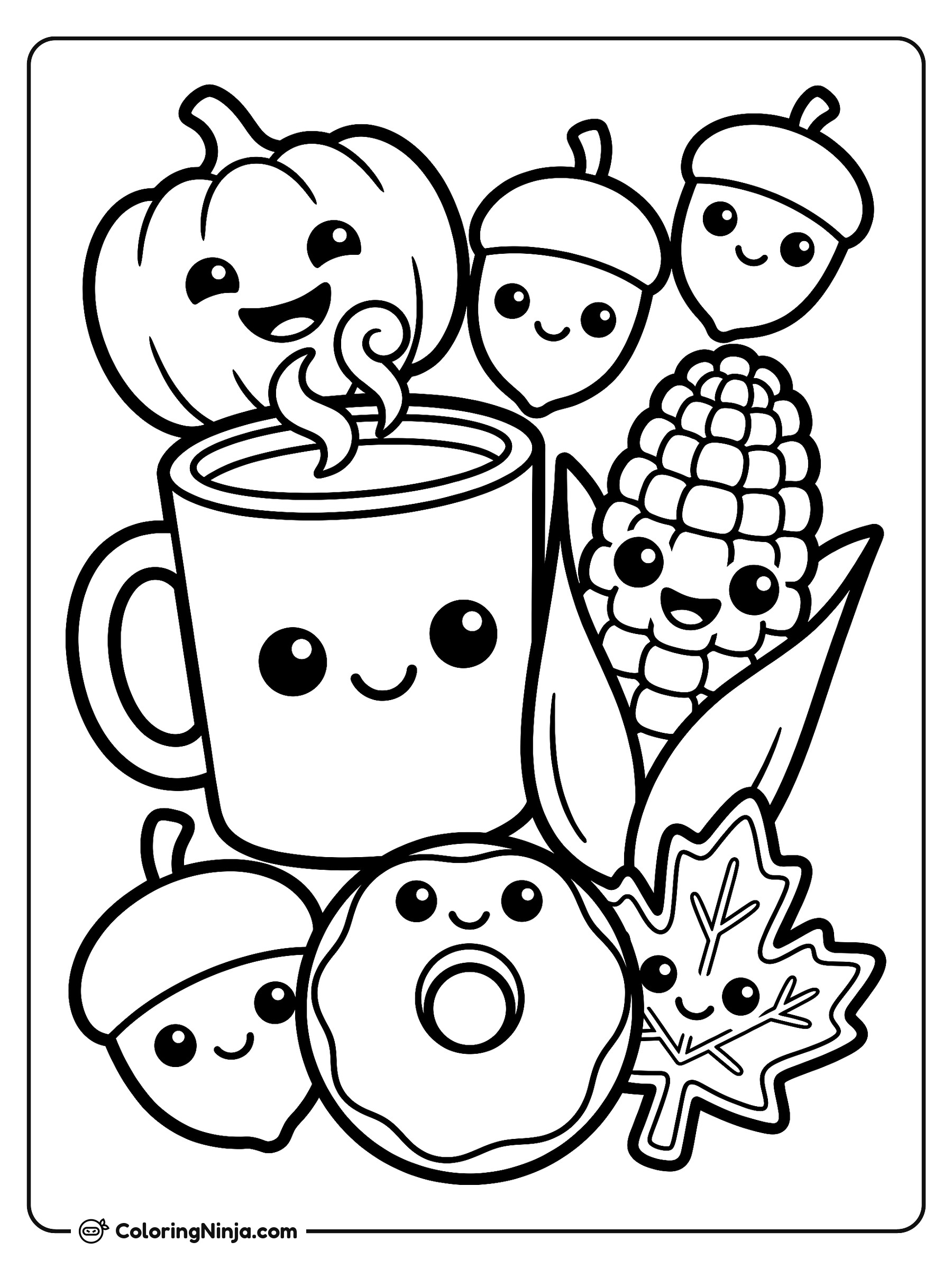 Kawaii Cider and Corn Friends Coloring Page