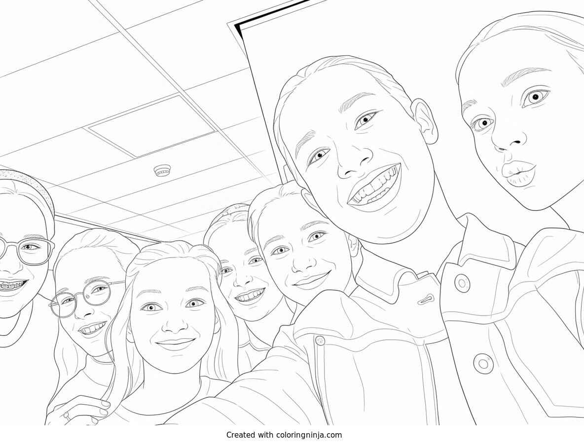 Coloring page of Group Selfie of Smiling Girls